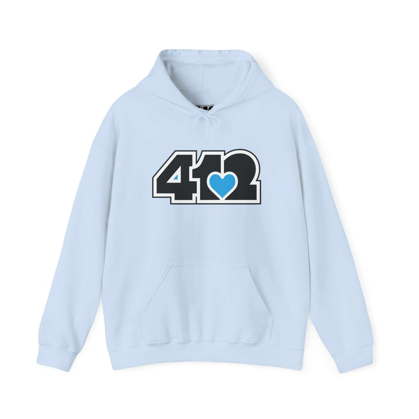 Pittsburgh Hoodie | Black and Blue 412 Logo. Apparel Color: Light Blue. 50/50 cotton-poly blend, cozy fit, kangaroo pocket, adjustable drawstring hood.