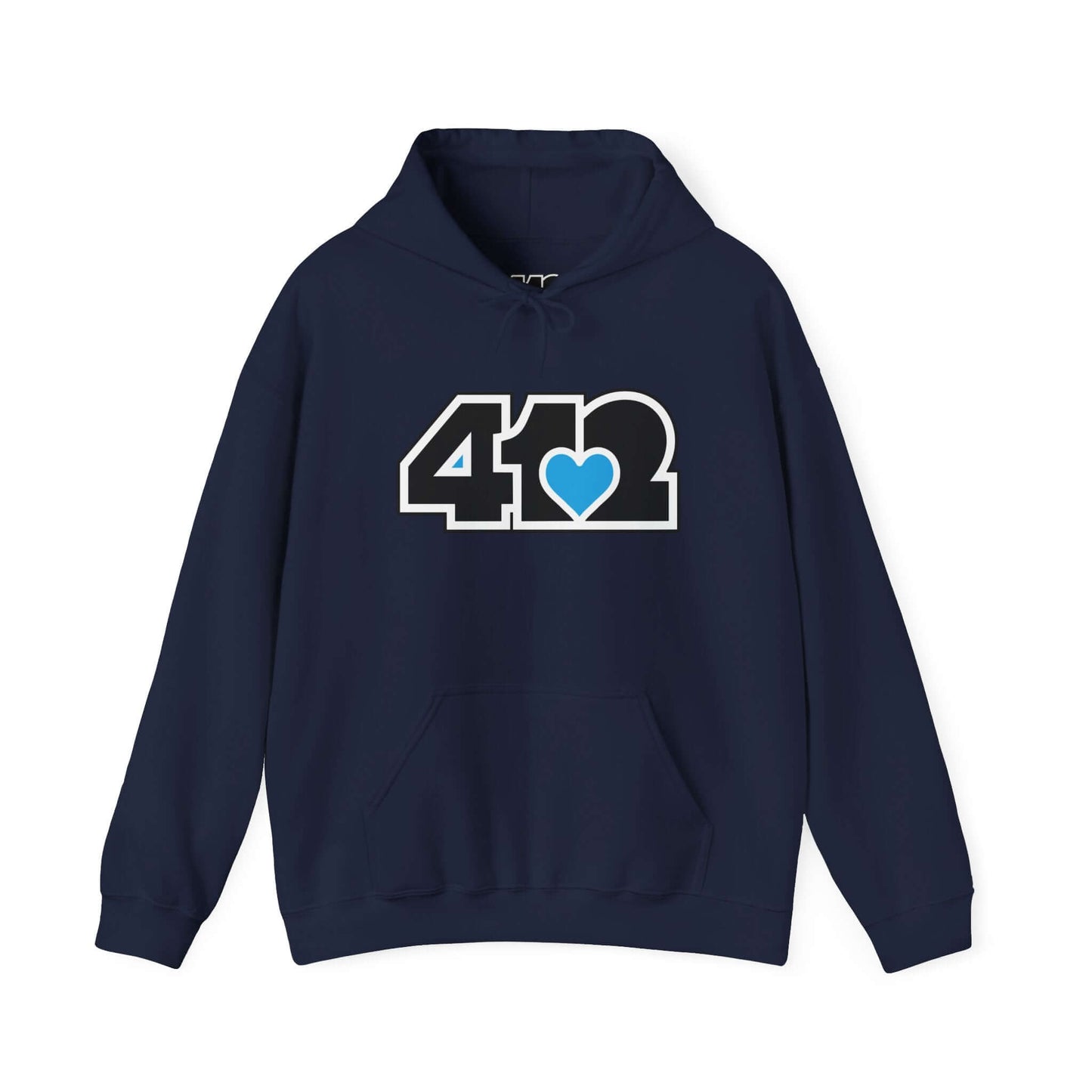 Pittsburgh Hoodie | Black and Blue 412 Logo. Apparel Color: Navy. 50/50 cotton-poly blend, cozy fit, kangaroo pocket, adjustable drawstring hood.