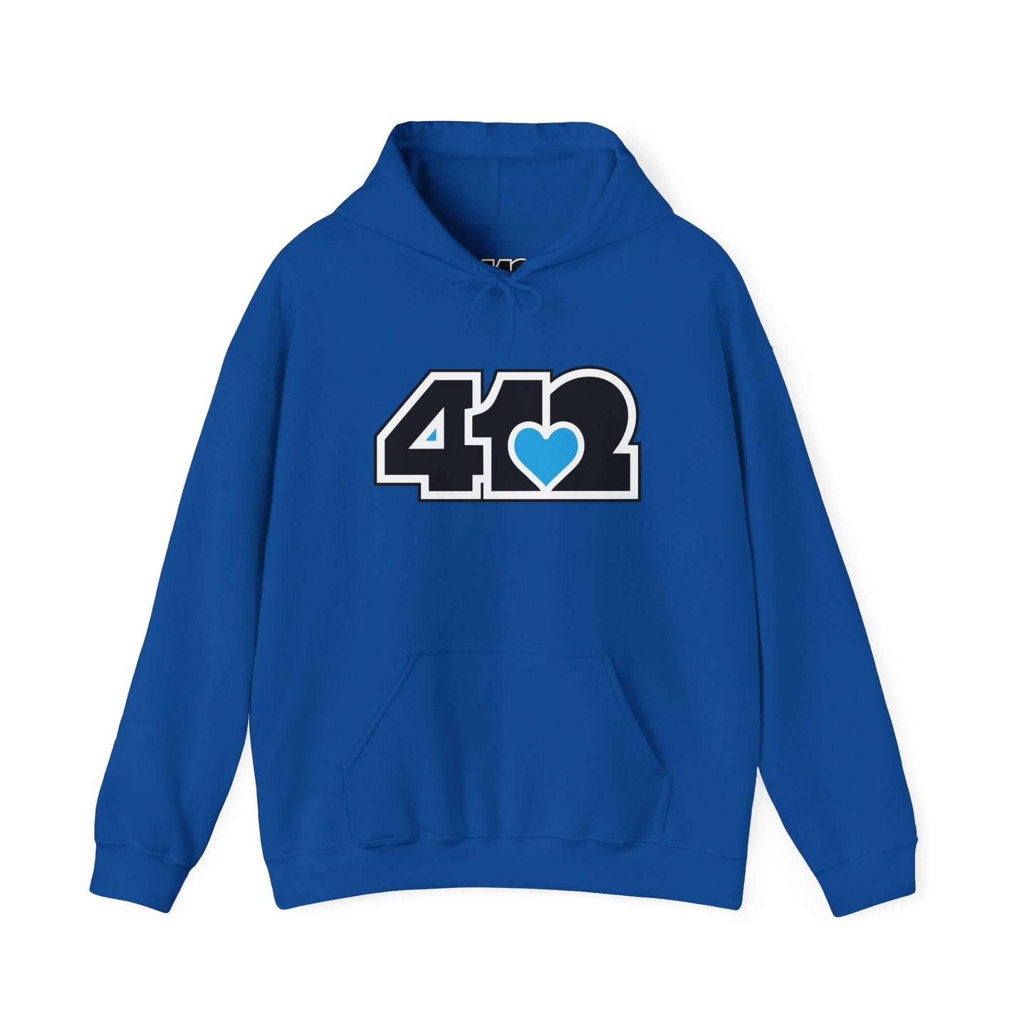 Pittsburgh Hoodie | Black and Blue 412 Logo. Apparel Color: Royal. 50/50 cotton-poly blend, cozy fit, kangaroo pocket, adjustable drawstring hood.