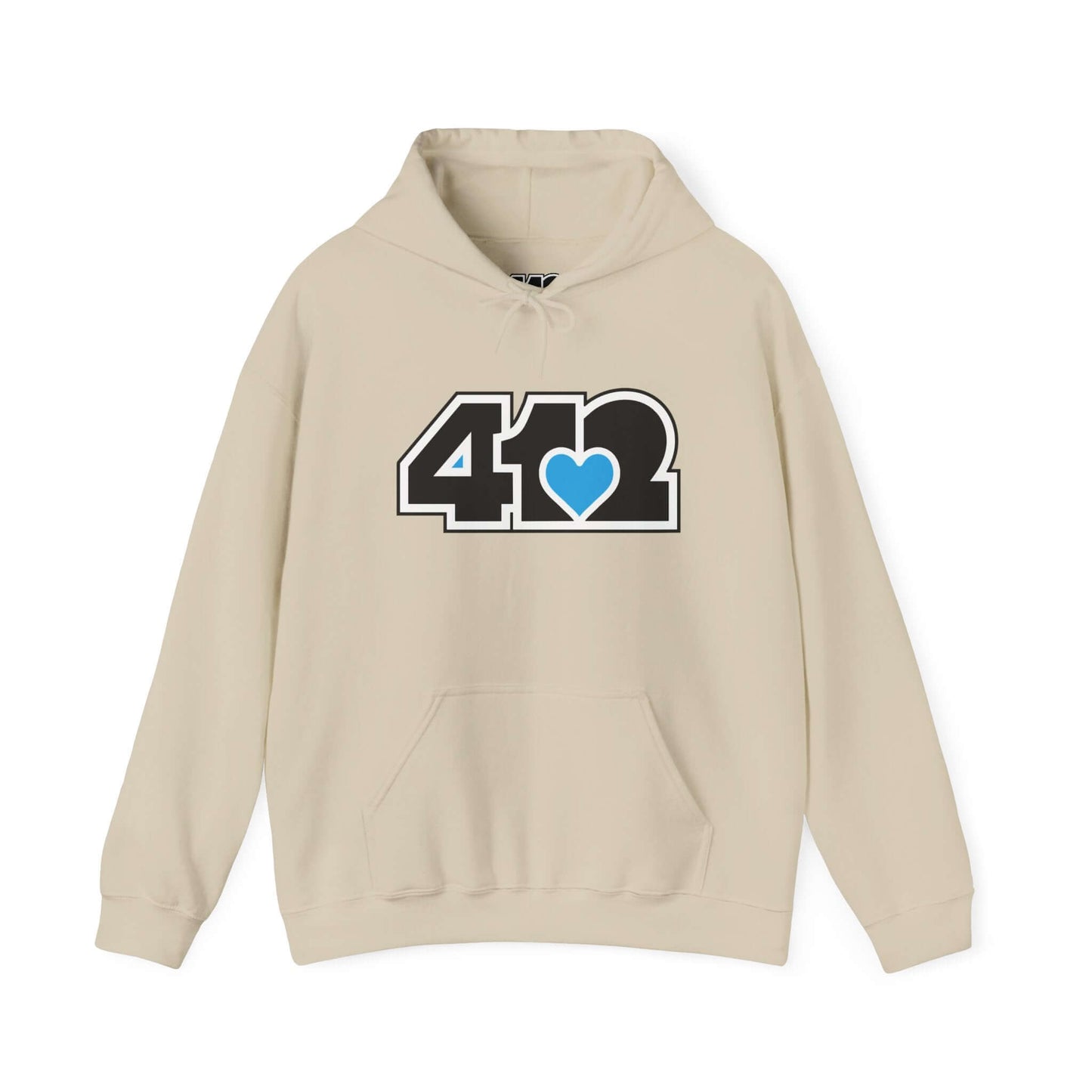 Pittsburgh Hoodie | Black and Blue 412 Logo. Apparel Color: Sand. 50/50 cotton-poly blend, cozy fit, kangaroo pocket, adjustable drawstring hood.