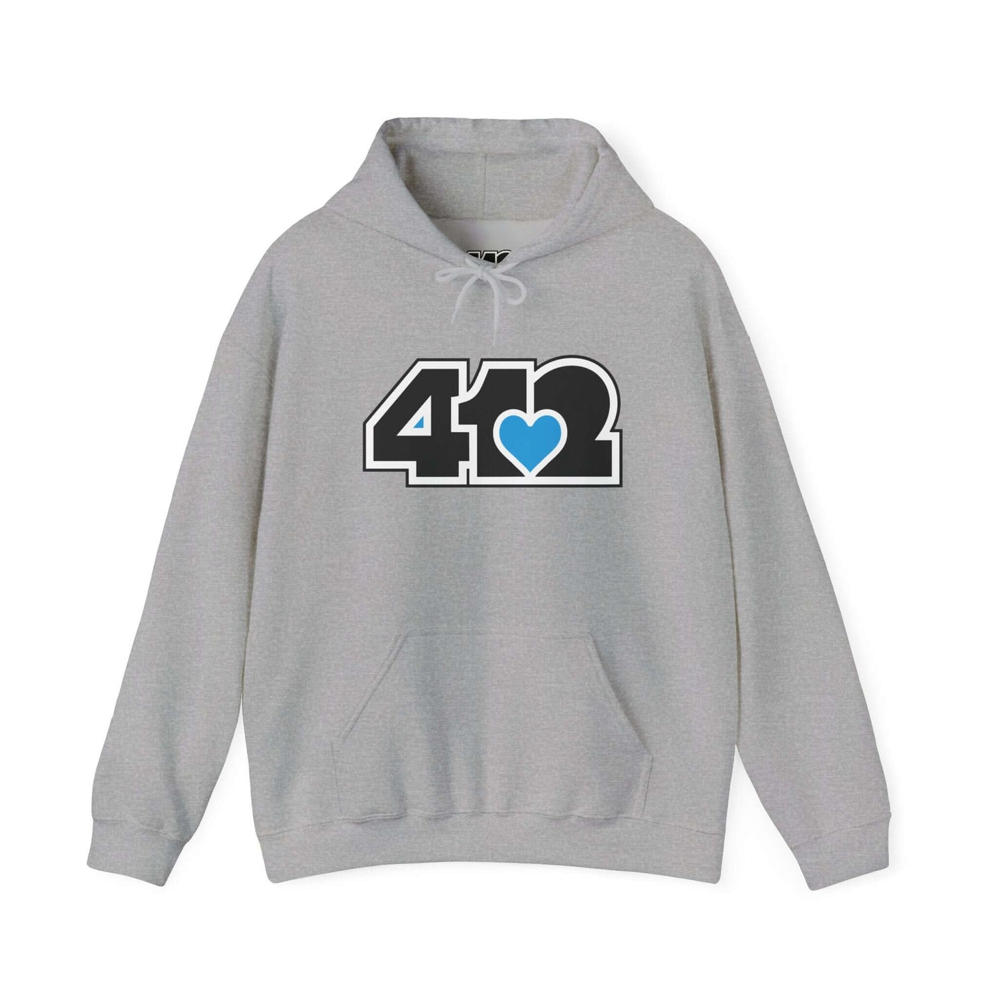 Pittsburgh Hoodie | Black and Blue 412 Logo. Apparel Color: Sport Grey. 50/50 cotton-poly blend, cozy fit, kangaroo pocket, adjustable drawstring hood.