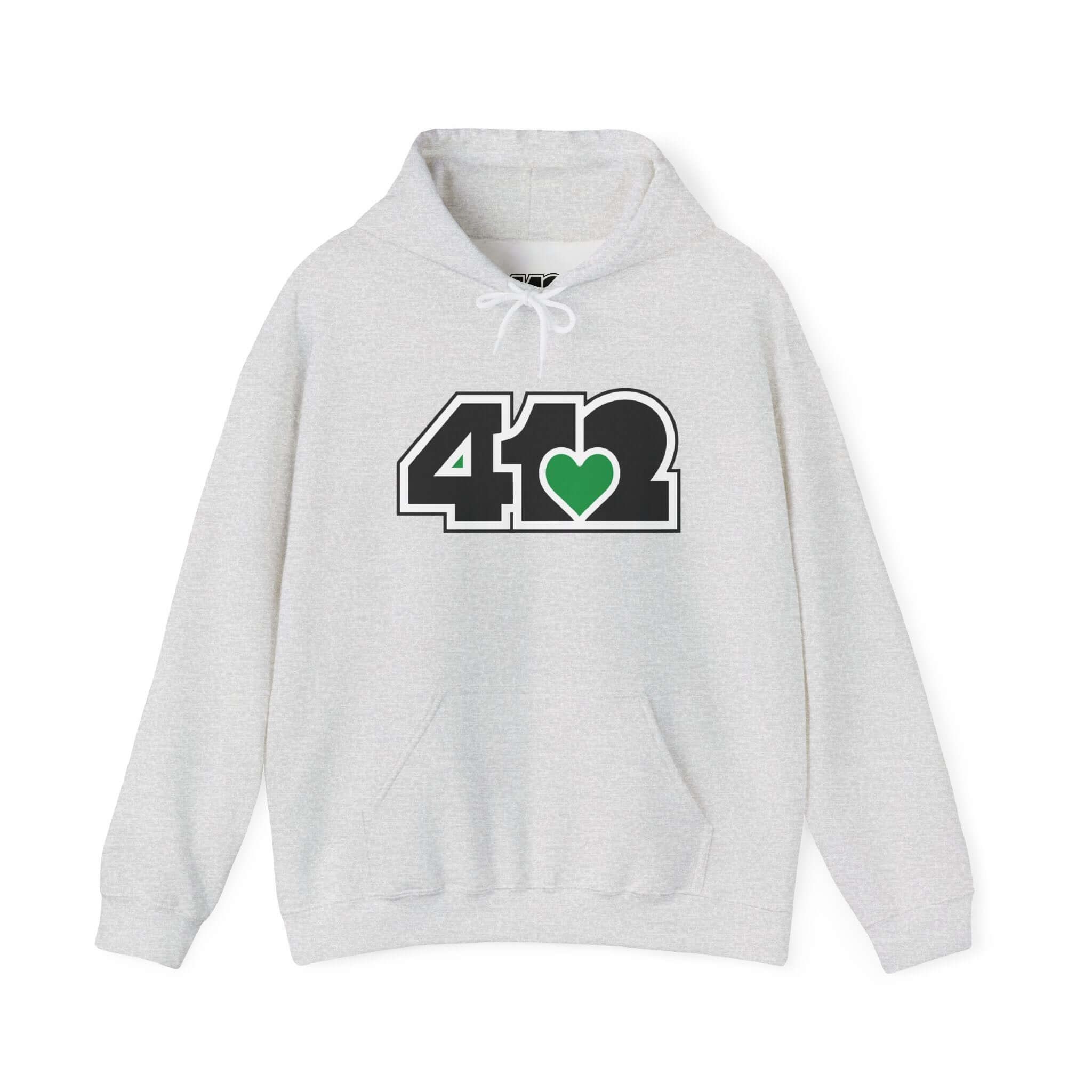 Pittsburgh Hoodie | Black and Green 412 Logo. Apparel Color: Ash. 50/50 cotton-poly blend, cozy fit, kangaroo pocket, adjustable drawstring hood.