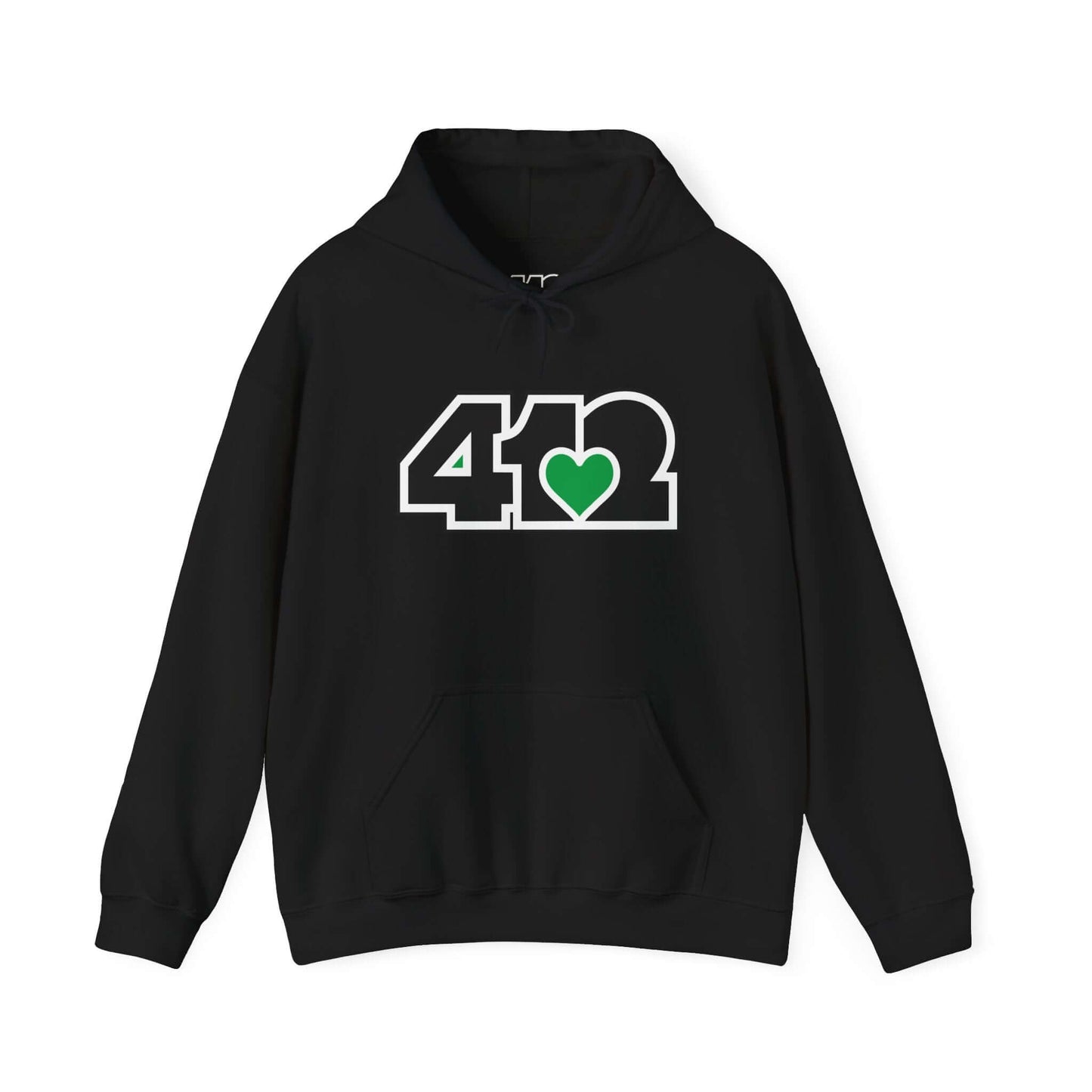 Pittsburgh Hoodie | Black and Green 412 Logo. Apparel Color: Black. 50/50 cotton-poly blend, cozy fit, kangaroo pocket, adjustable drawstring hood.