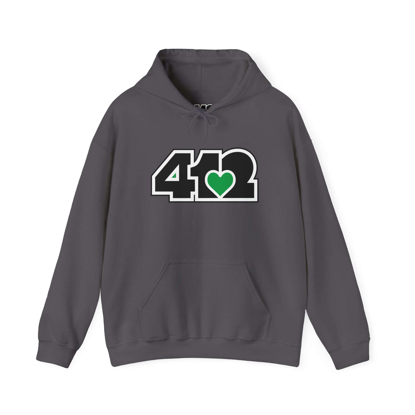 Pittsburgh Hoodie | Black and Green 412 Logo. Apparel Color: Charcoal. 50/50 cotton-poly blend, cozy fit, kangaroo pocket, adjustable drawstring hood.
