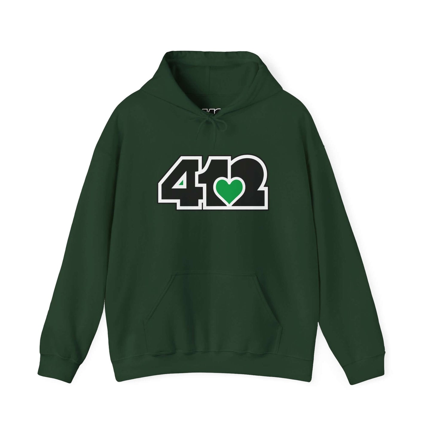 Pittsburgh Hoodie | Black and Green 412 Logo. Apparel Color: Forest Green. 50/50 cotton-poly blend, cozy fit, kangaroo pocket, adjustable drawstring hood.