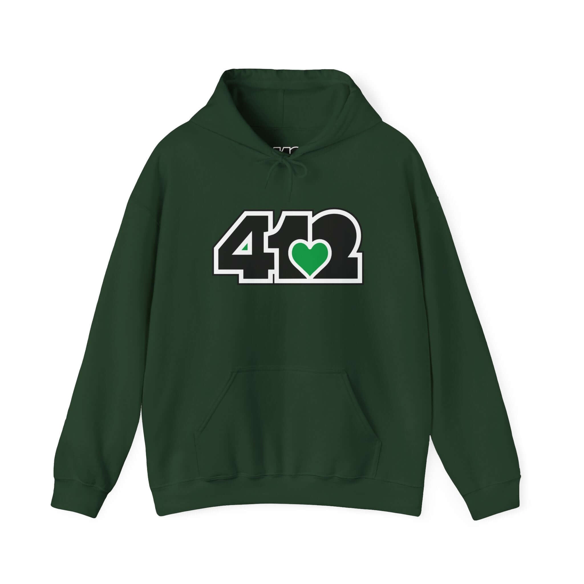Pittsburgh Hoodie | Black and Green 412 Logo. Apparel Color: Forest Green. 50/50 cotton-poly blend, cozy fit, kangaroo pocket, adjustable drawstring hood.