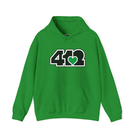Pittsburgh Hoodie | Black and Green 412 Logo. Apparel Color: Irish Green. 50/50 cotton-poly blend, cozy fit, kangaroo pocket, adjustable drawstring hood.