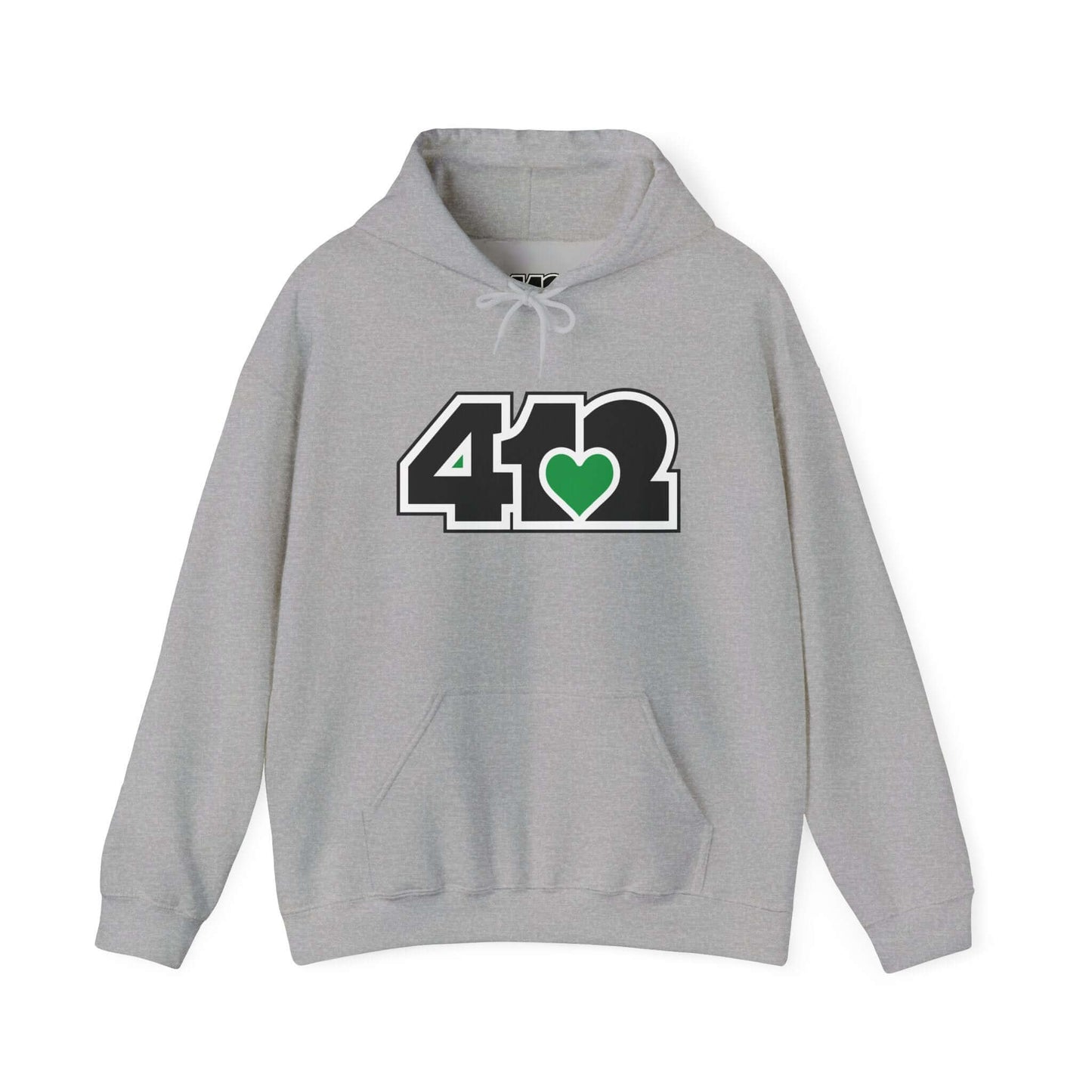 Pittsburgh Hoodie | Black and Green 412 Logo. Apparel Color: Sport Grey. 50/50 cotton-poly blend, cozy fit, kangaroo pocket, adjustable drawstring hood.