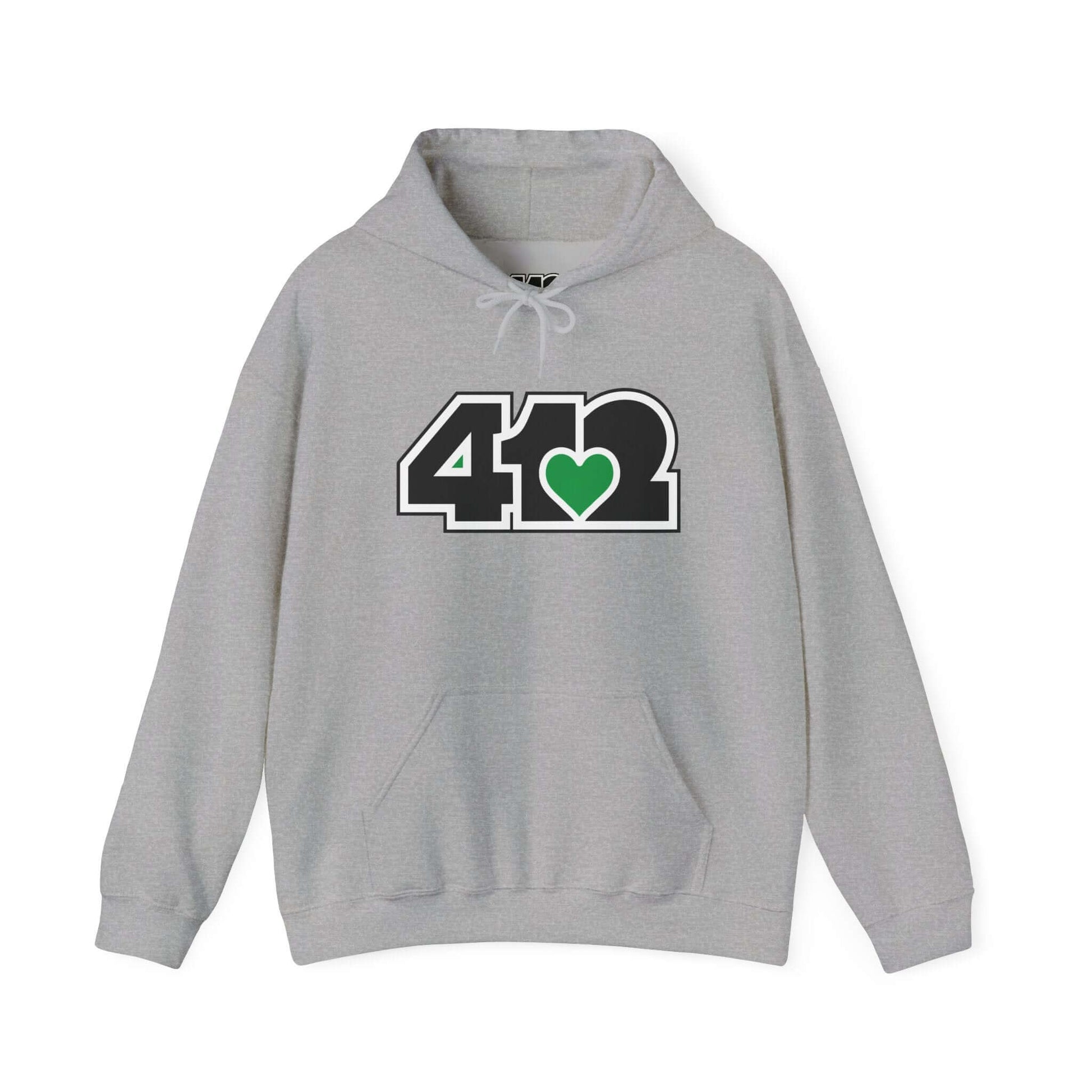 Pittsburgh Hoodie | Black and Green 412 Logo. Apparel Color: Sport Grey. 50/50 cotton-poly blend, cozy fit, kangaroo pocket, adjustable drawstring hood.