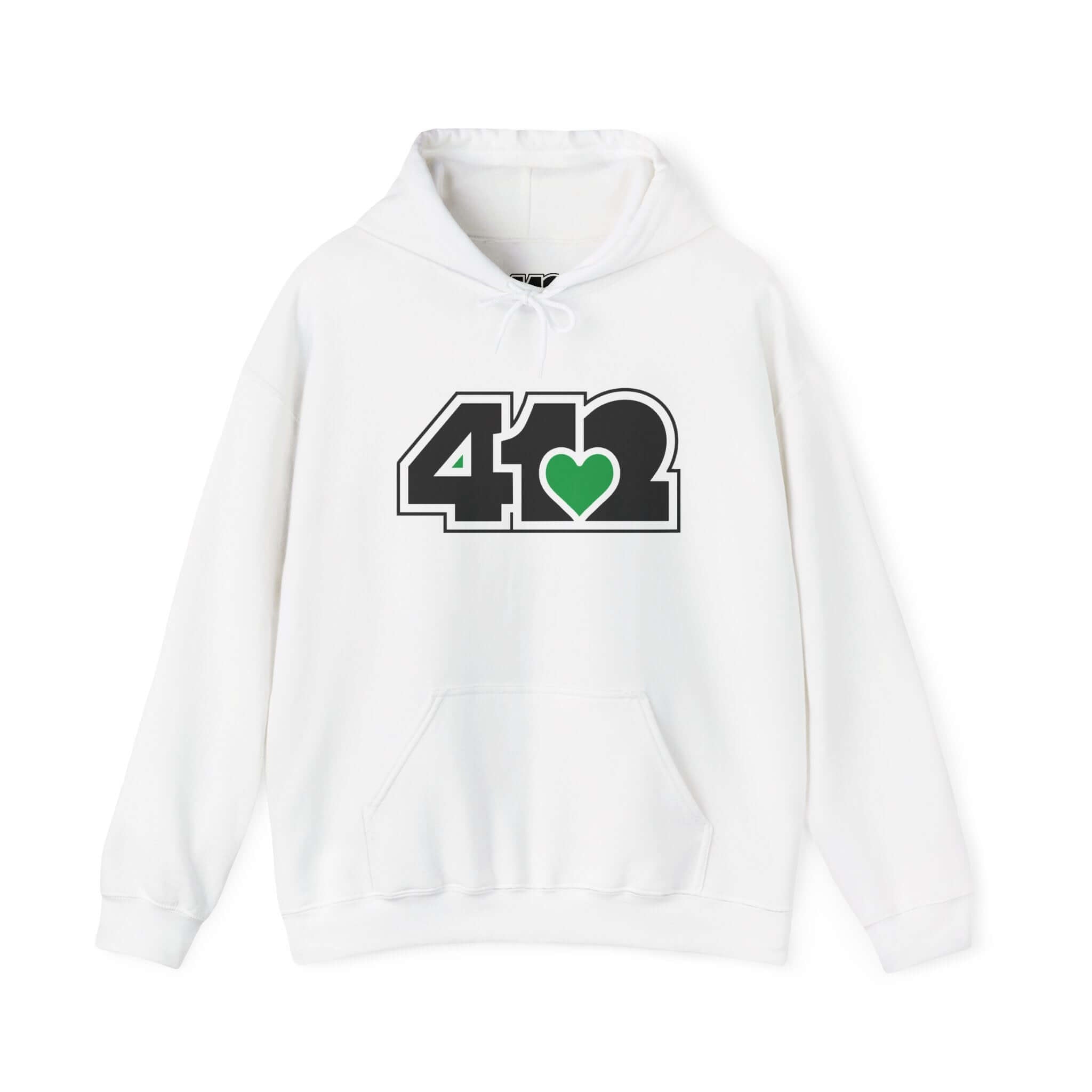 Pittsburgh Hoodie | Black and Green 412 Logo. Apparel Color: White. 50/50 cotton-poly blend, cozy fit, kangaroo pocket, adjustable drawstring hood.