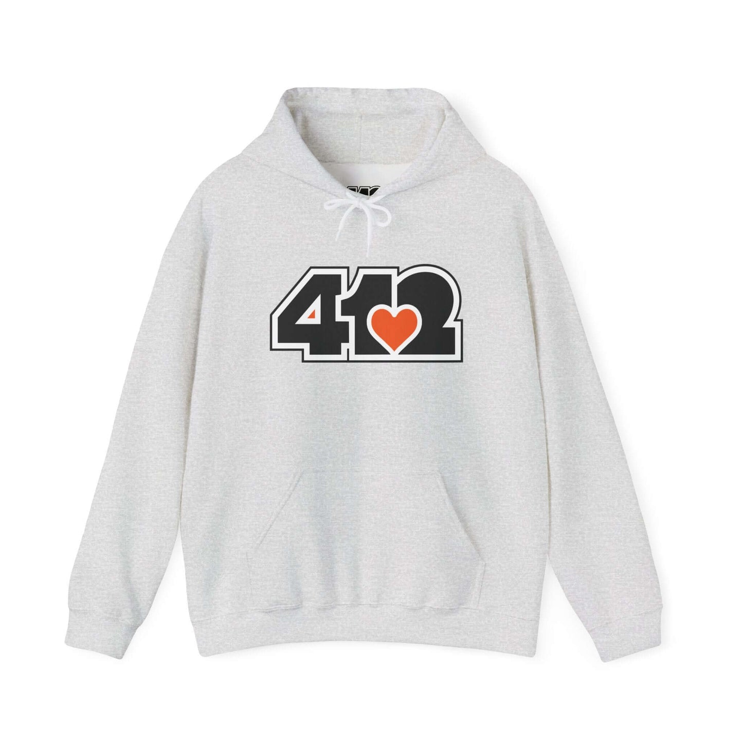 Pittsburgh Hoodie | Black and Orange 412 Logo. Apparel Color: Ash. 50/50 cotton-poly blend, cozy fit, kangaroo pocket, adjustable drawstring hood.