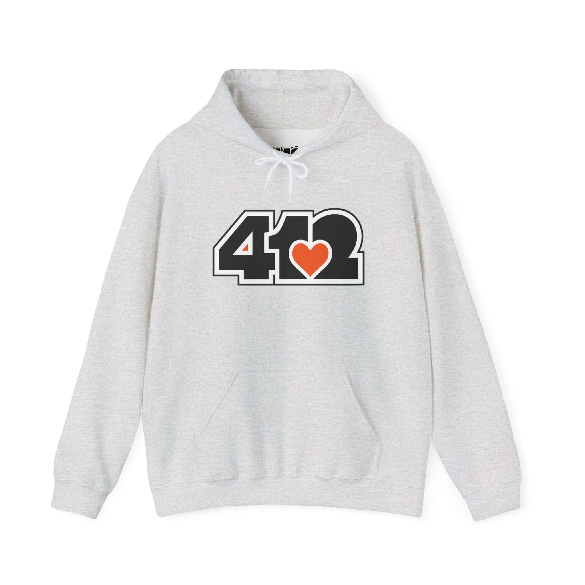 Pittsburgh Hoodie | Black and Orange 412 Logo. Apparel Color: Ash. 50/50 cotton-poly blend, cozy fit, kangaroo pocket, adjustable drawstring hood.