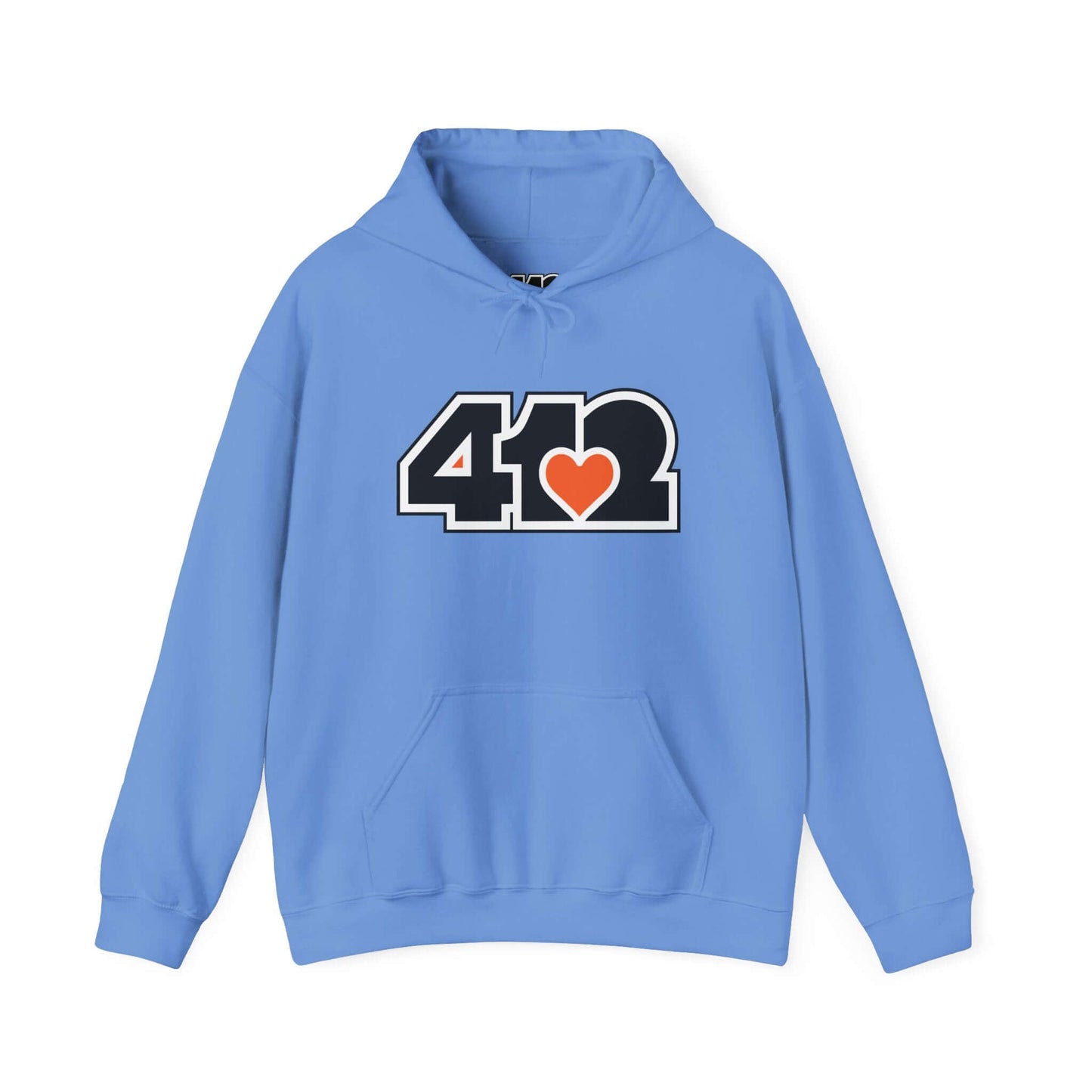Pittsburgh Hoodie | Black and Orange 412 Logo. Apparel Color: Carolina Blue. 50/50 cotton-poly blend, cozy fit, kangaroo pocket, adjustable drawstring hood.