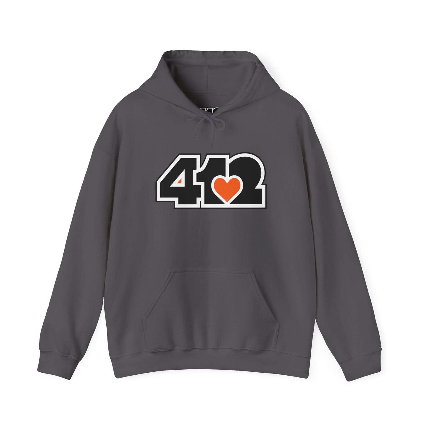 Pittsburgh Hoodie | Black and Orange 412 Logo. Apparel Color: Charcoal. 50/50 cotton-poly blend, cozy fit, kangaroo pocket, adjustable drawstring hood.