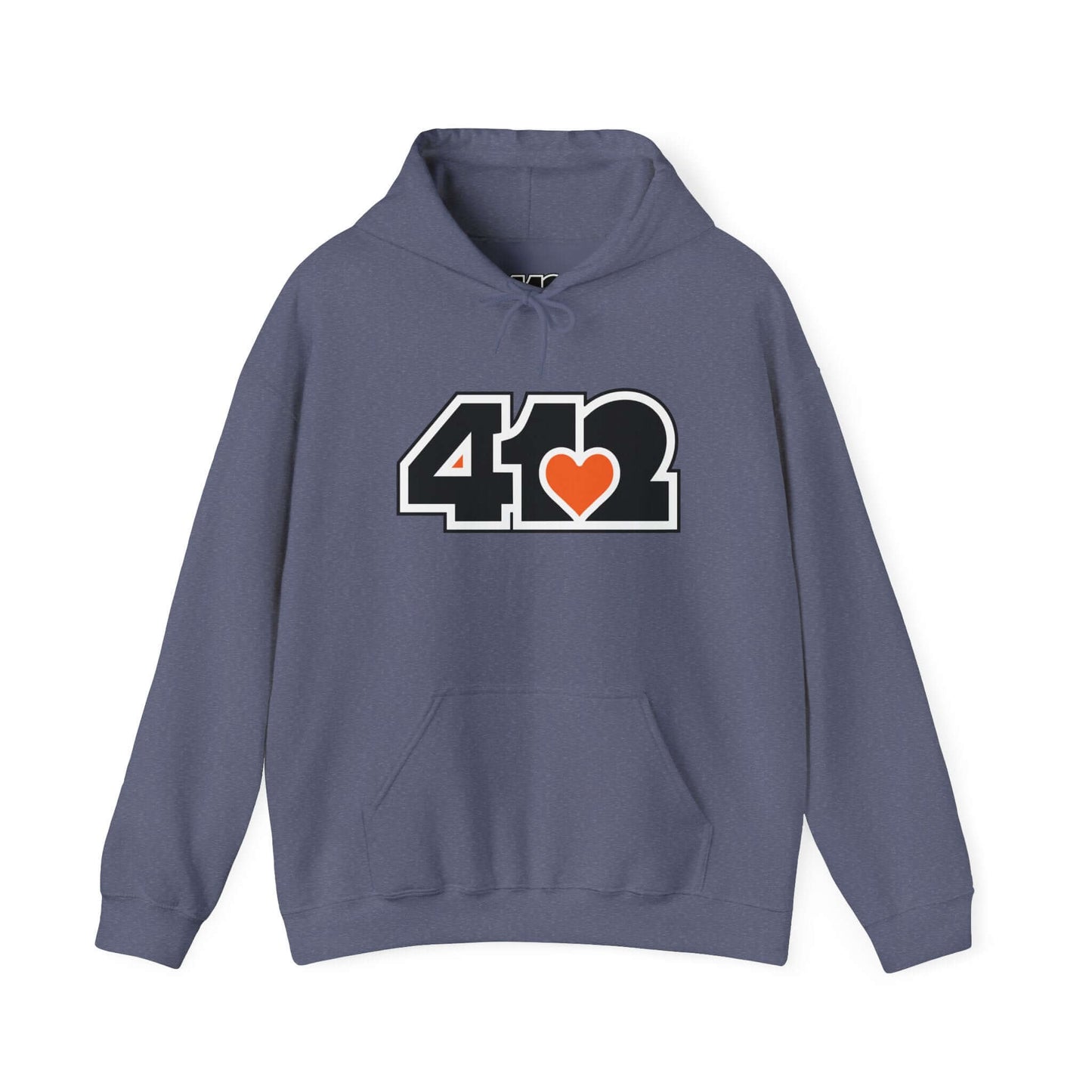 Pittsburgh Hoodie | Black and Orange 412 Logo. Apparel Color: Heather Navy. 50/50 cotton-poly blend, cozy fit, kangaroo pocket, adjustable drawstring hood.