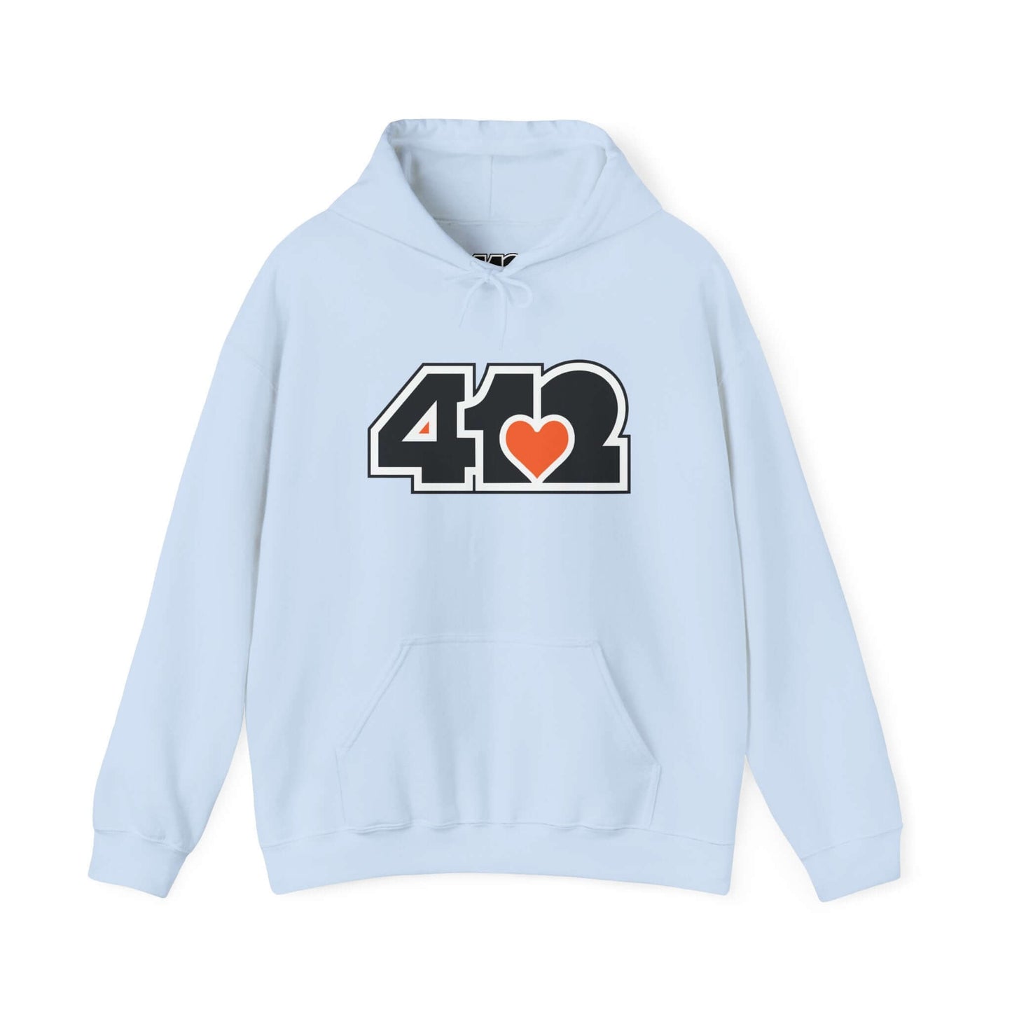 Pittsburgh Hoodie | Black and Orange 412 Logo. Apparel Color: Light Blue. 50/50 cotton-poly blend, cozy fit, kangaroo pocket, adjustable drawstring hood.