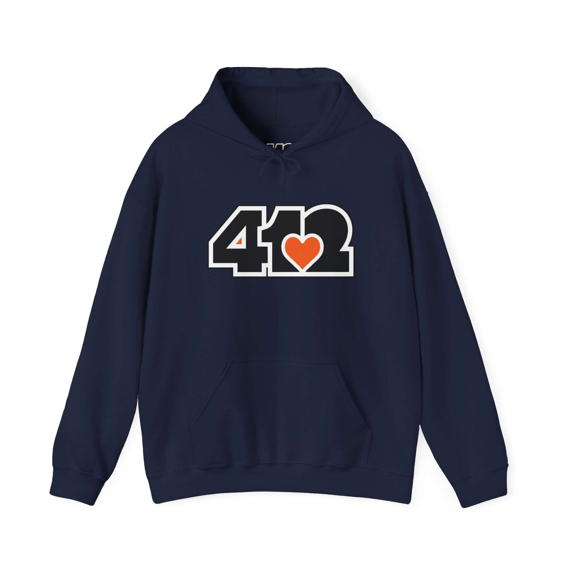 Pittsburgh Hoodie | Black and Orange 412 Logo. Apparel Color: Navy. 50/50 cotton-poly blend, cozy fit, kangaroo pocket, adjustable drawstring hood.