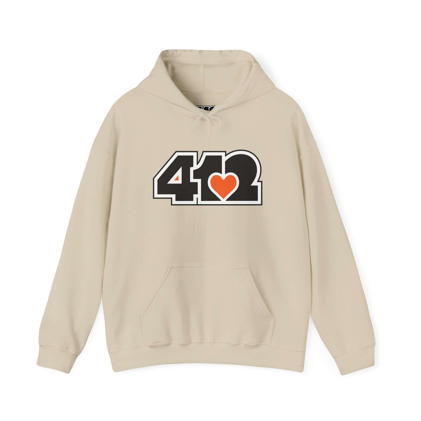 Pittsburgh Hoodie | Black and Orange 412 Logo. Apparel Color: Sand. 50/50 cotton-poly blend, cozy fit, kangaroo pocket, adjustable drawstring hood.