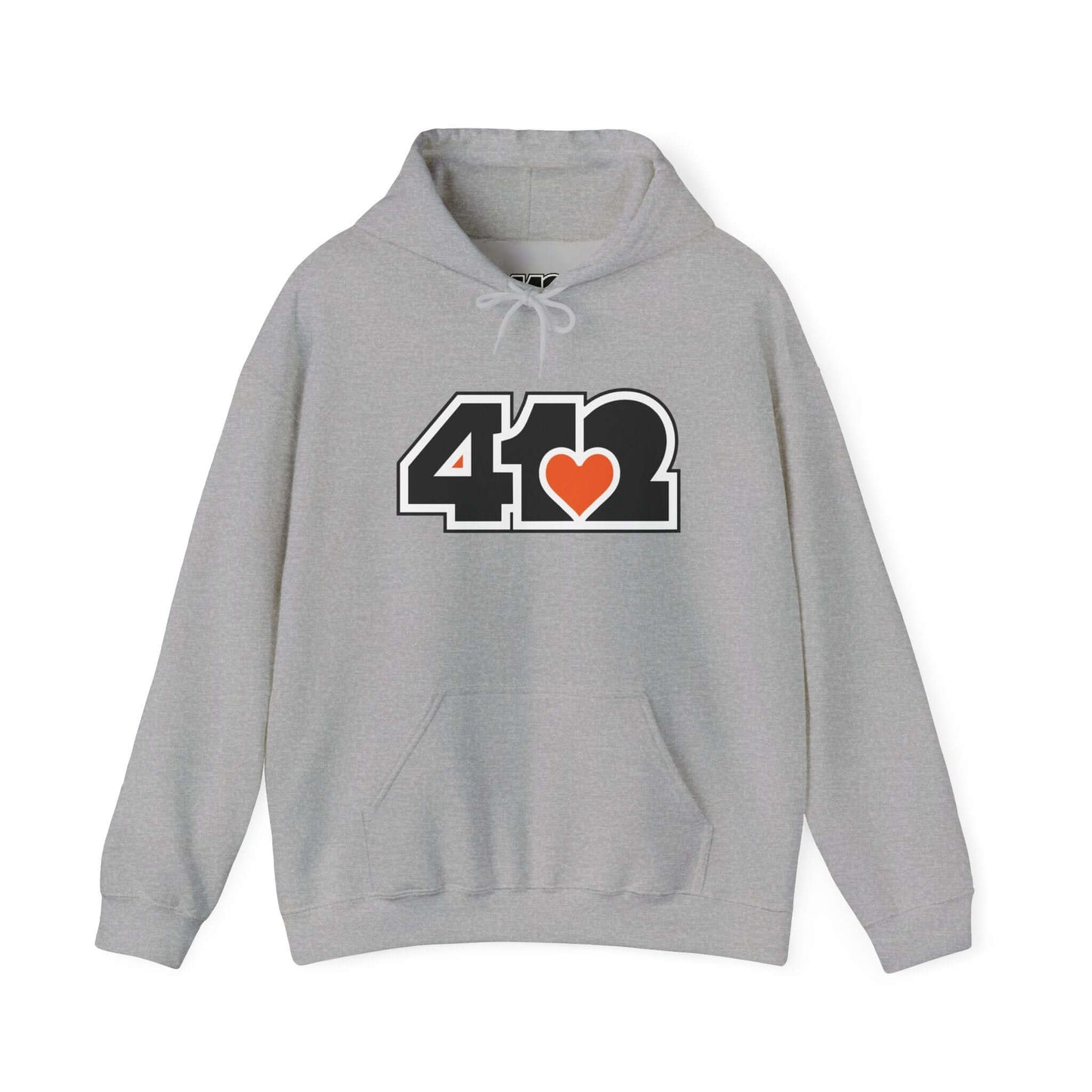 Pittsburgh Hoodie | Black and Orange 412 Logo. Apparel Color: Sport Grey. 50/50 cotton-poly blend, cozy fit, kangaroo pocket, adjustable drawstring hood.