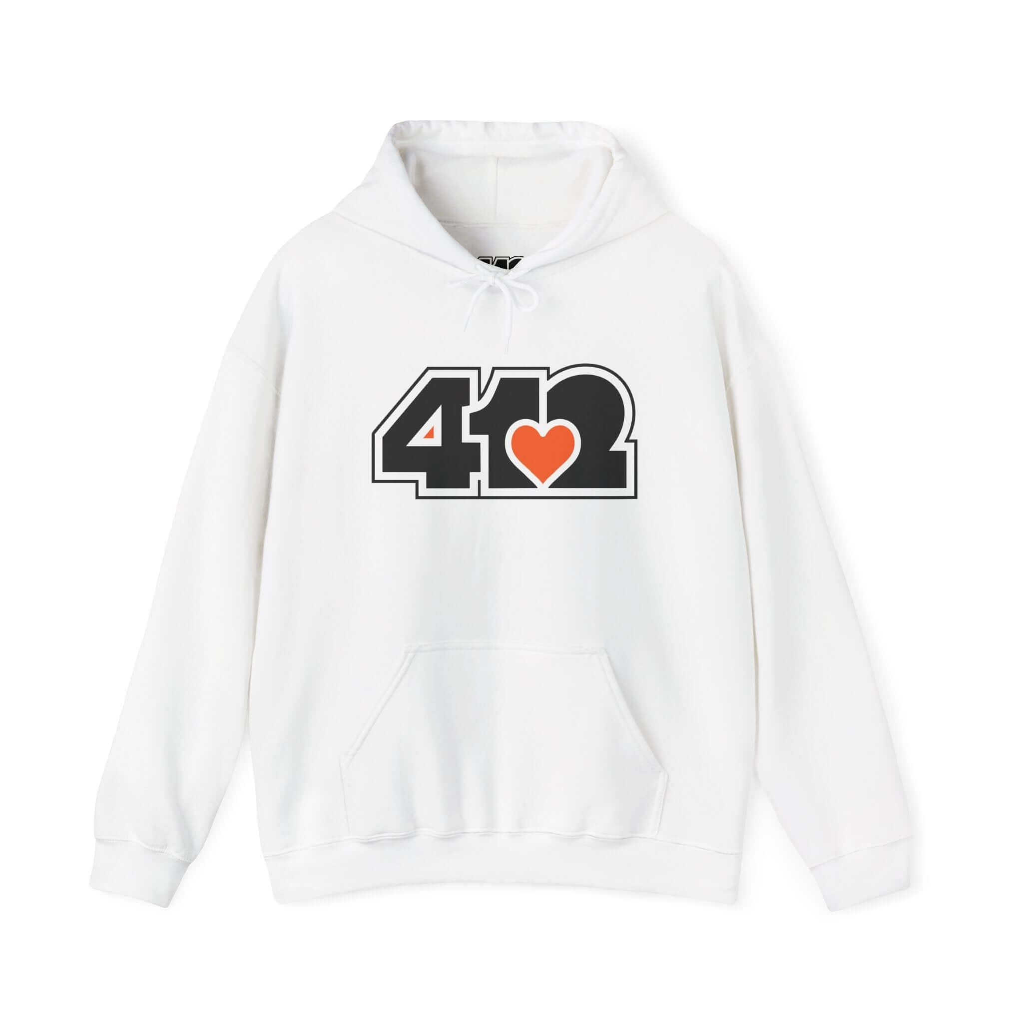 Pittsburgh Hoodie | Black and Orange 412 Logo. Apparel Color: White. 50/50 cotton-poly blend, cozy fit, kangaroo pocket, adjustable drawstring hood.