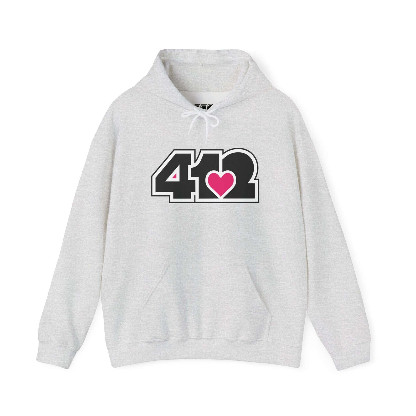 Pittsburgh Hoodie | Black and Pink 412 Logo. Apparel Color: Ash. 50/50 cotton-poly blend, cozy fit, kangaroo pocket, adjustable drawstring hood.