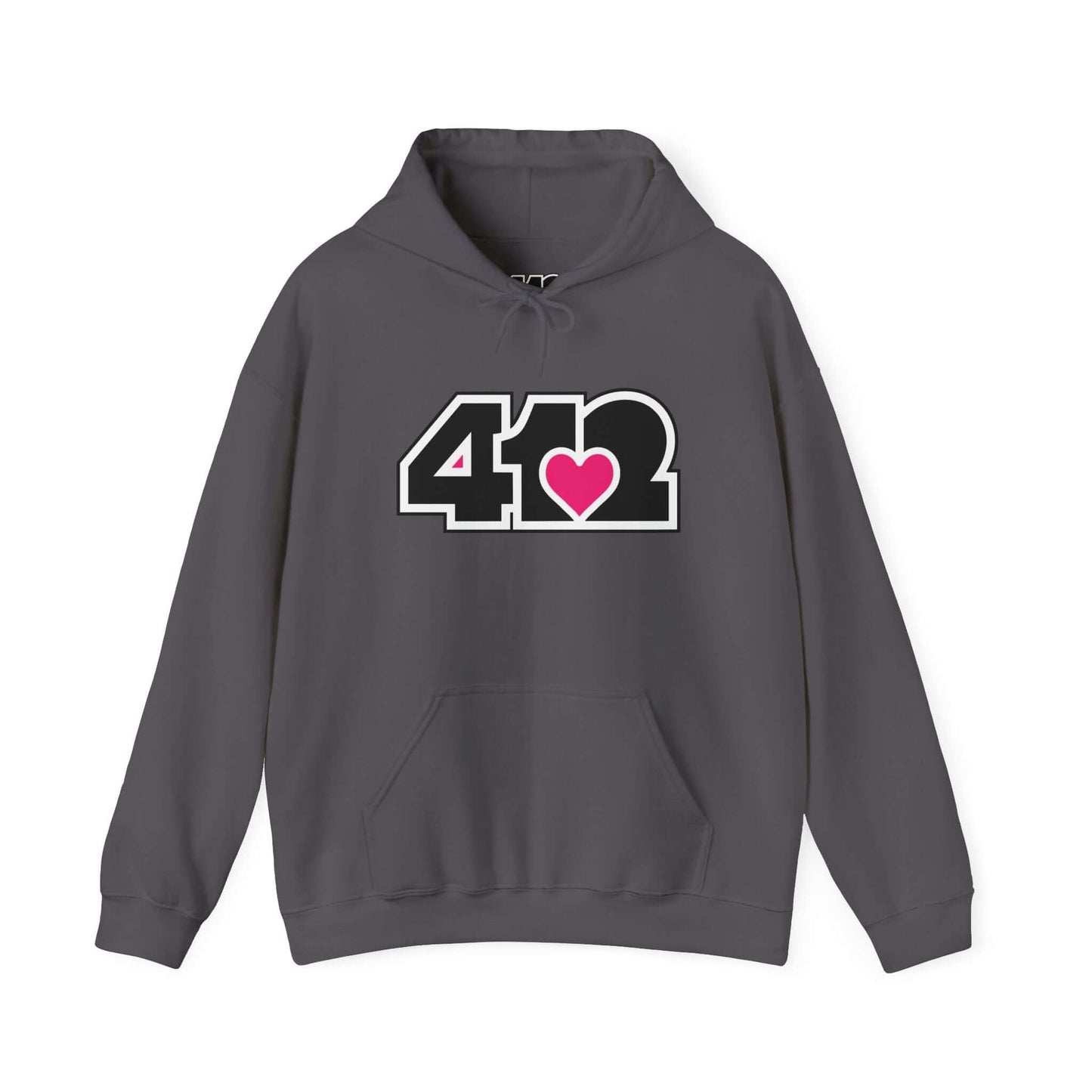 Pittsburgh Hoodie | Black and Pink 412 Logo. Apparel Color: Charcoal. 50/50 cotton-poly blend, cozy fit, kangaroo pocket, adjustable drawstring hood.
