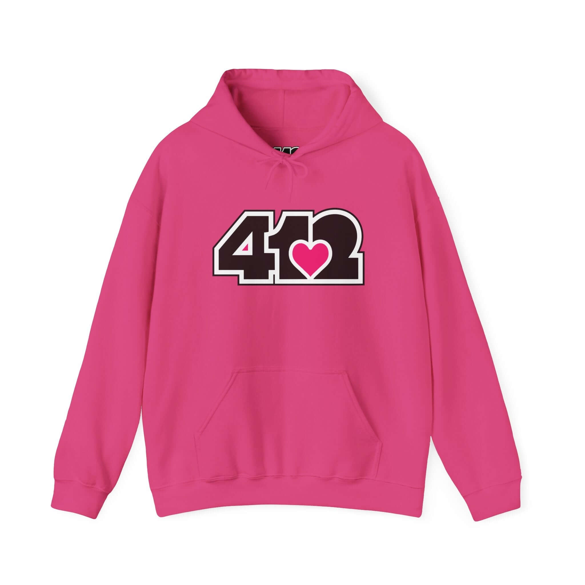 Pittsburgh Hoodie | Black and Pink 412 Logo. Apparel Color: Heliconia. 50/50 cotton-poly blend, cozy fit, kangaroo pocket, adjustable drawstring hood.