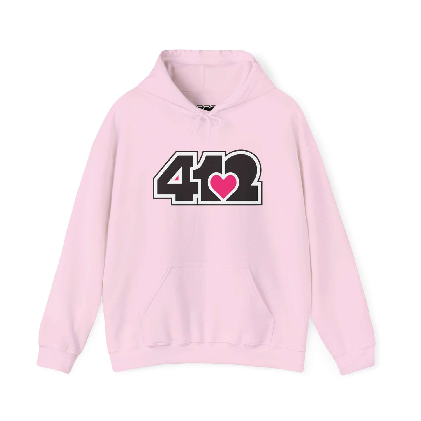 Pittsburgh Hoodie | Black and Pink 412 Logo. Apparel Color: Light Pink. 50/50 cotton-poly blend, cozy fit, kangaroo pocket, adjustable drawstring hood.