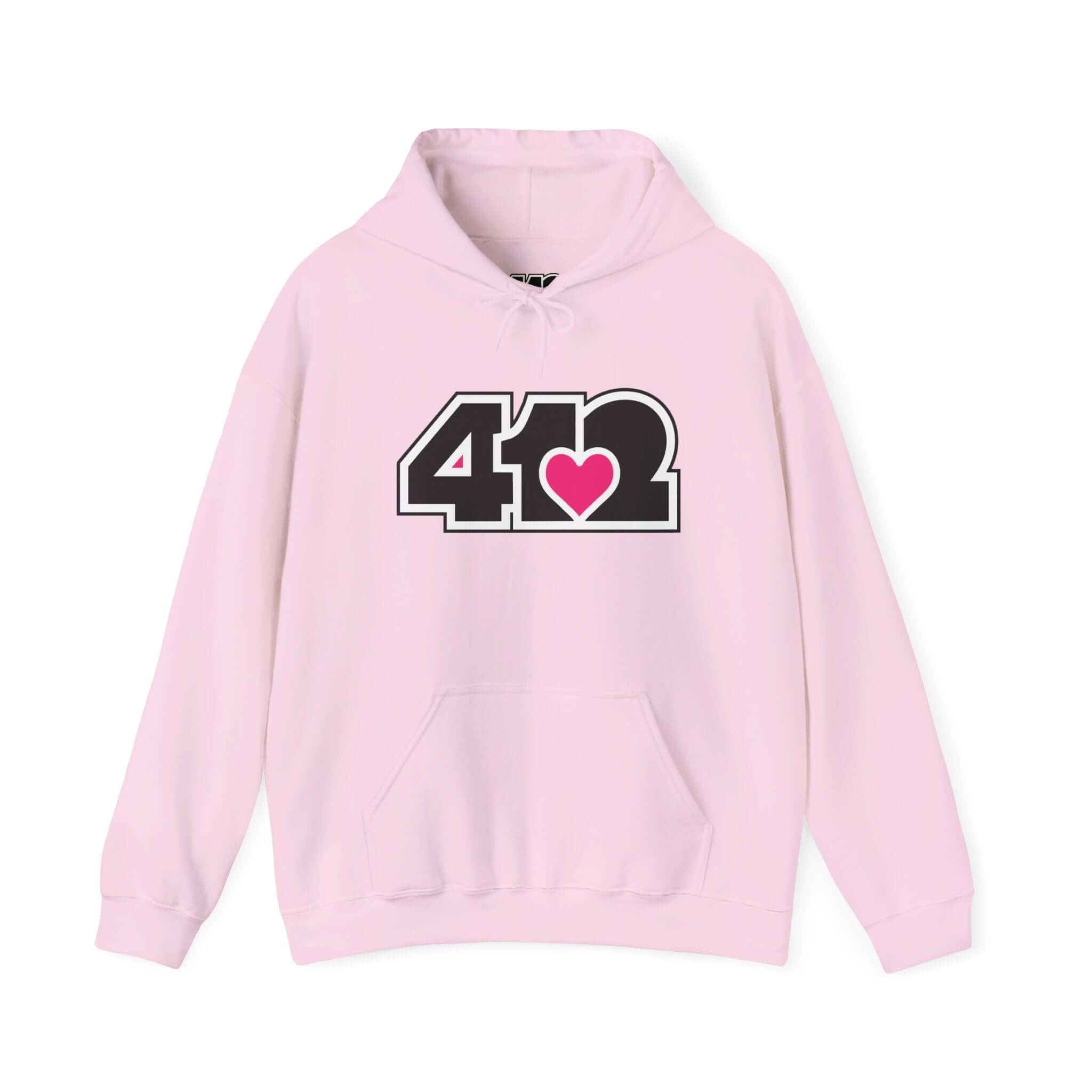 Pittsburgh Hoodie | Black and Pink 412 Logo. Apparel Color: Light Pink. 50/50 cotton-poly blend, cozy fit, kangaroo pocket, adjustable drawstring hood.
