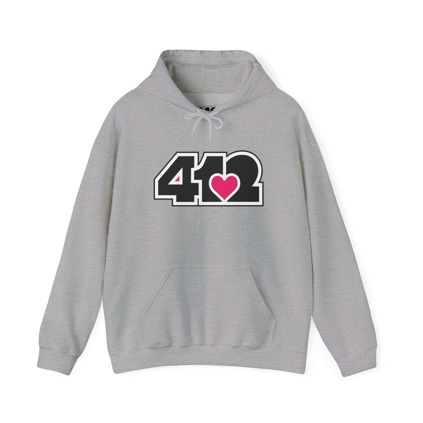 Pittsburgh Hoodie | Black and Pink 412 Logo. Apparel Color: Sport Grey. 50/50 cotton-poly blend, cozy fit, kangaroo pocket, adjustable drawstring hood.