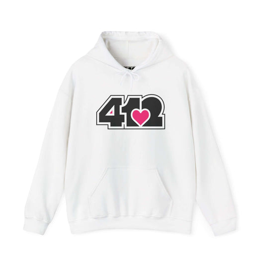 Pittsburgh Hoodie | Black and Pink 412 Logo. Apparel Color: White. 50/50 cotton-poly blend, cozy fit, kangaroo pocket, adjustable drawstring hood.