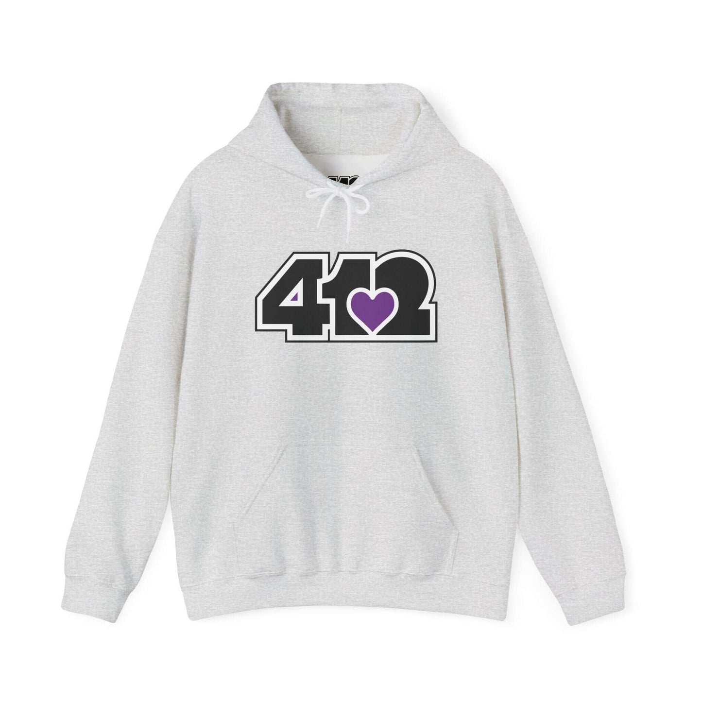 Pittsburgh Hoodie | Black and Purple 412 Logo. Apparel Color: Ash. 50/50 cotton-poly blend, cozy fit, kangaroo pocket, adjustable drawstring hood.