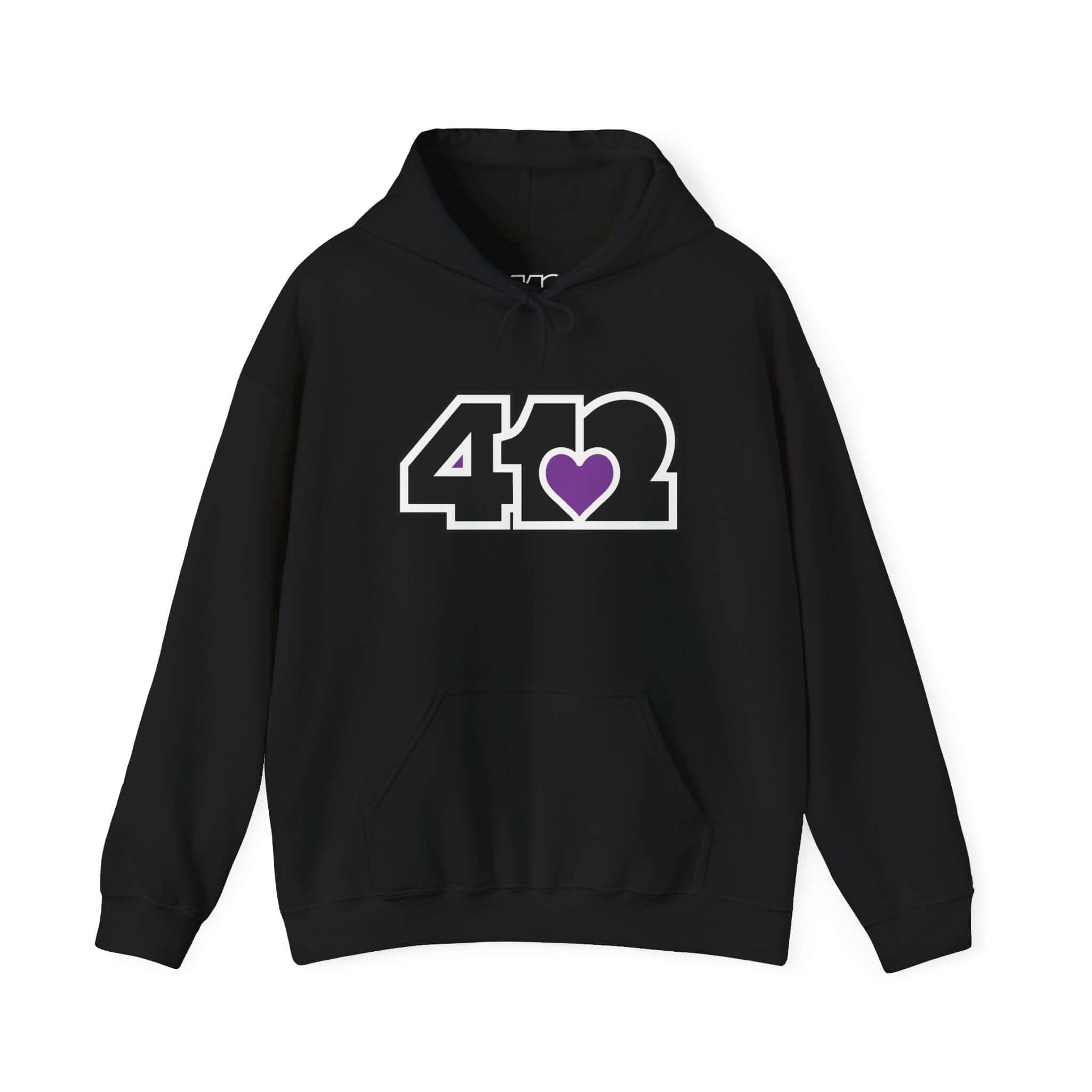 Pittsburgh Hoodie | Black and Purple 412 Logo. Apparel Color: Black. 50/50 cotton-poly blend, cozy fit, kangaroo pocket, adjustable drawstring hood.
