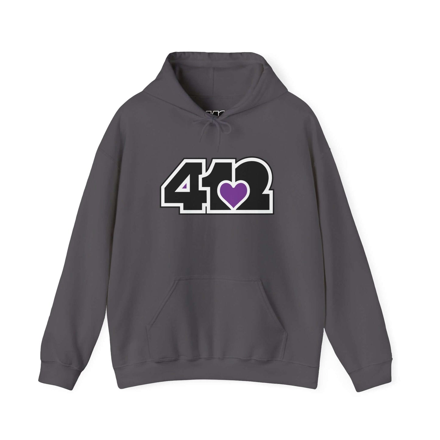 Pittsburgh Hoodie | Black and Purple 412 Logo. Apparel Color: Charcoal. 50/50 cotton-poly blend, cozy fit, kangaroo pocket, adjustable drawstring hood.