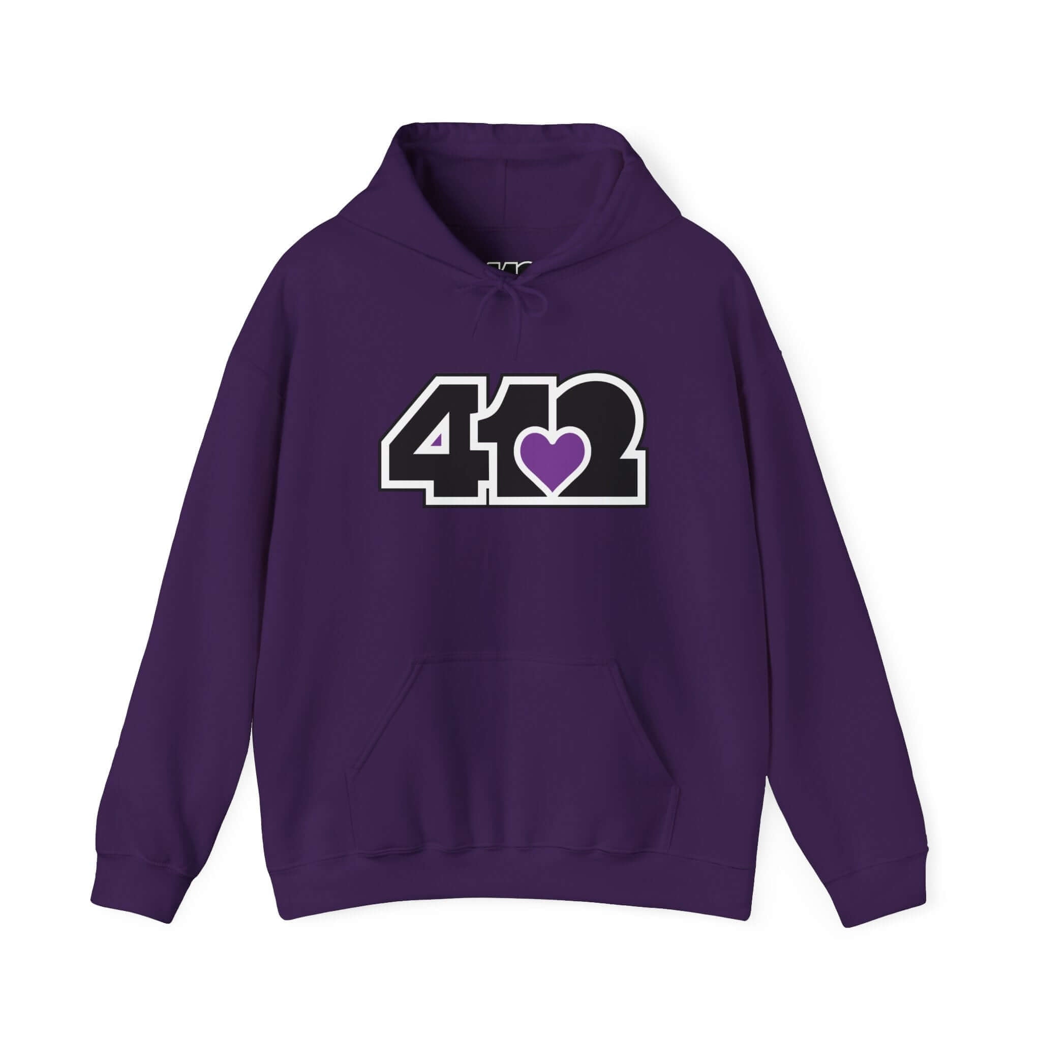 Pittsburgh Hoodie | Black and Purple 412 Logo. Apparel Color: Purple. 50/50 cotton-poly blend, cozy fit, kangaroo pocket, adjustable drawstring hood.