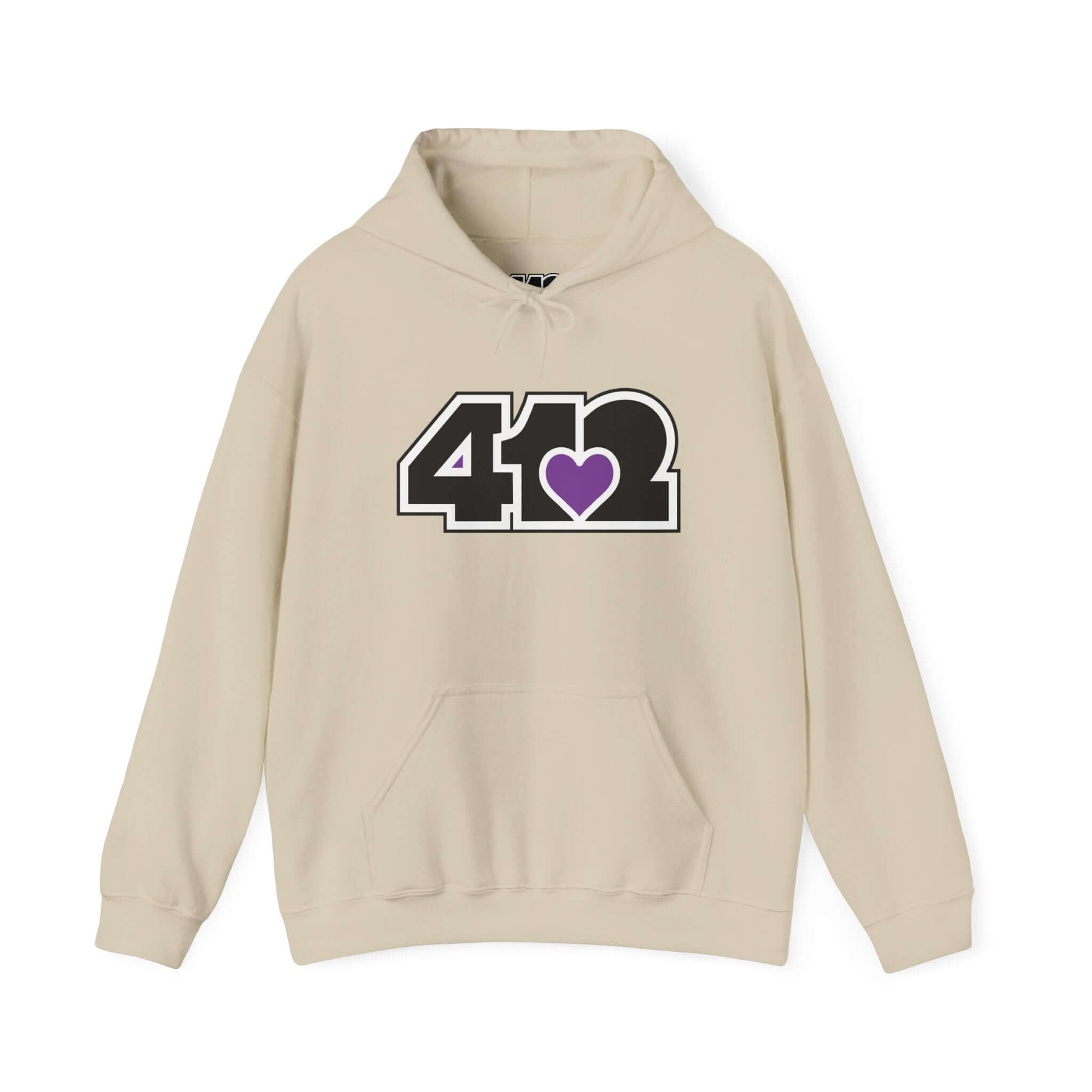 Pittsburgh Hoodie | Black and Purple 412 Logo. Apparel Color: Sand. 50/50 cotton-poly blend, cozy fit, kangaroo pocket, adjustable drawstring hood.