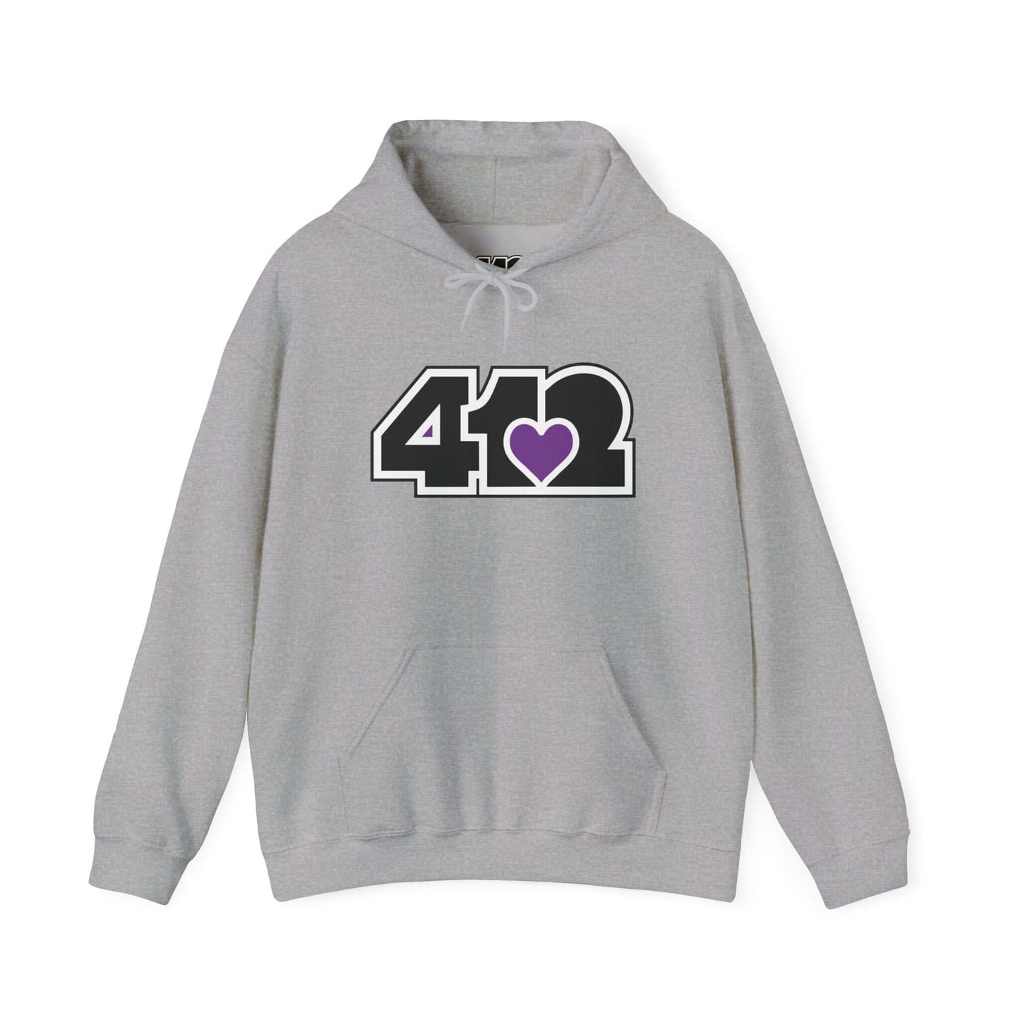 Pittsburgh Hoodie | Black and Purple 412 Logo. Apparel Color: Sport Grey. 50/50 cotton-poly blend, cozy fit, kangaroo pocket, adjustable drawstring hood.