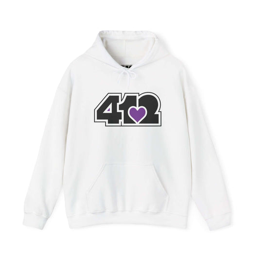Pittsburgh Hoodie | Black and Purple 412 Logo. Apparel Color: White. 50/50 cotton-poly blend, cozy fit, kangaroo pocket, adjustable drawstring hood.