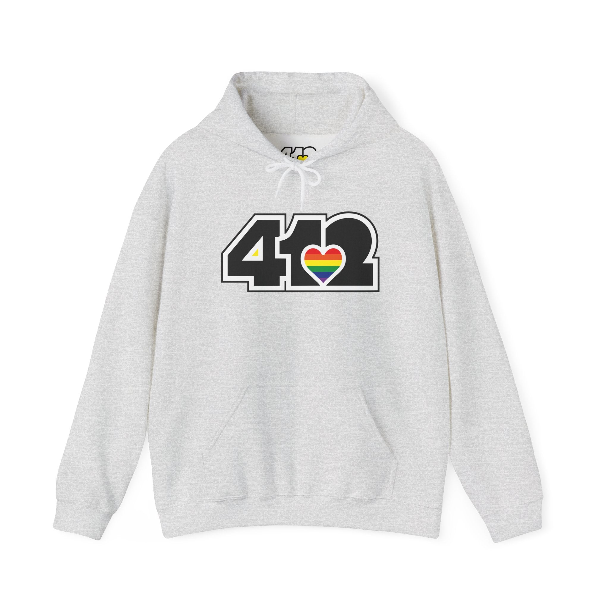 Pittsburgh Hoodie | Black and Rainbow 412 Logo. Apparel Color: Ash. 50/50 cotton-poly blend, cozy fit, kangaroo pocket, adjustable drawstring hood.