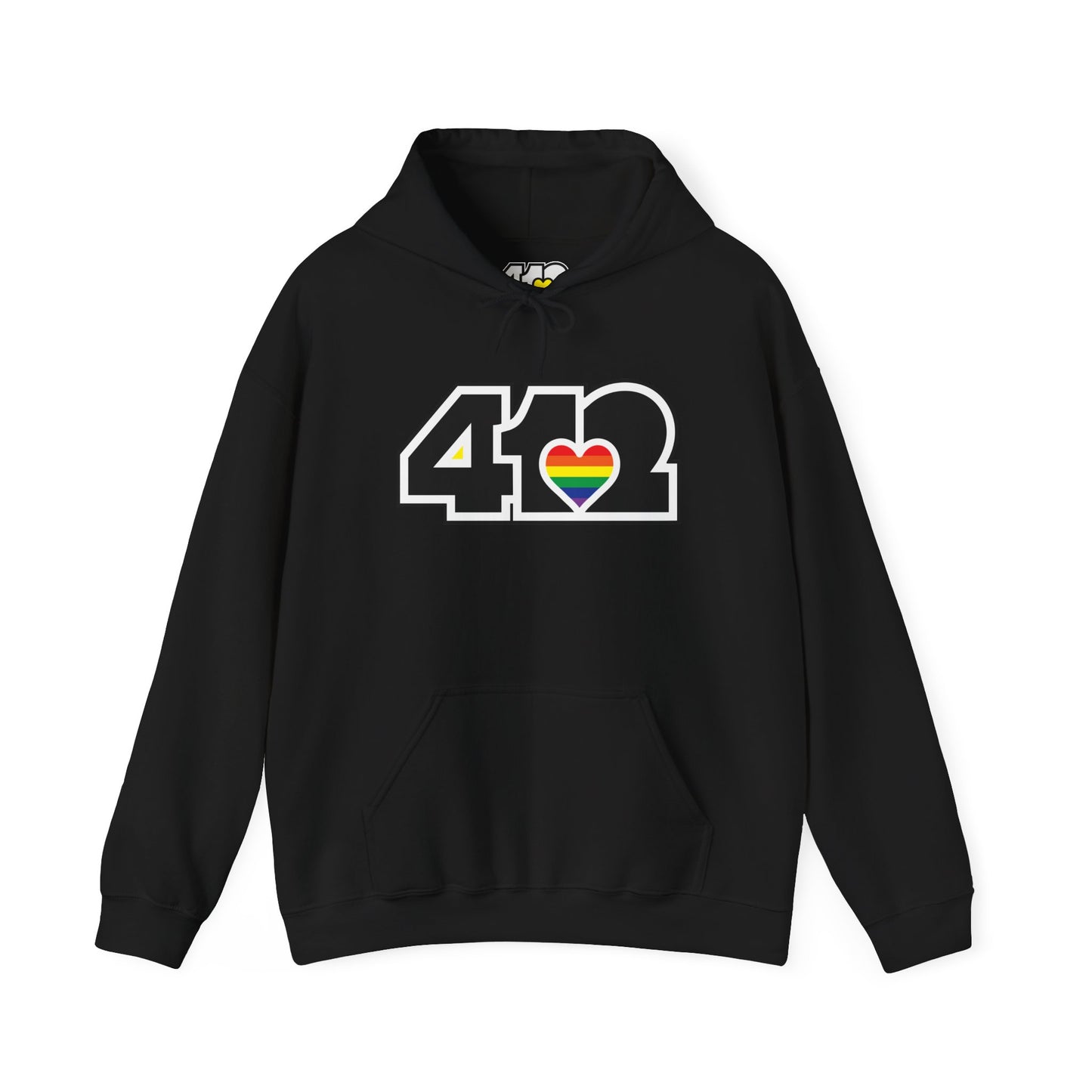 Pittsburgh Hoodie | Black and Rainbow 412 Logo. Apparel Color: Black. 50/50 cotton-poly blend, cozy fit, kangaroo pocket, adjustable drawstring hood.