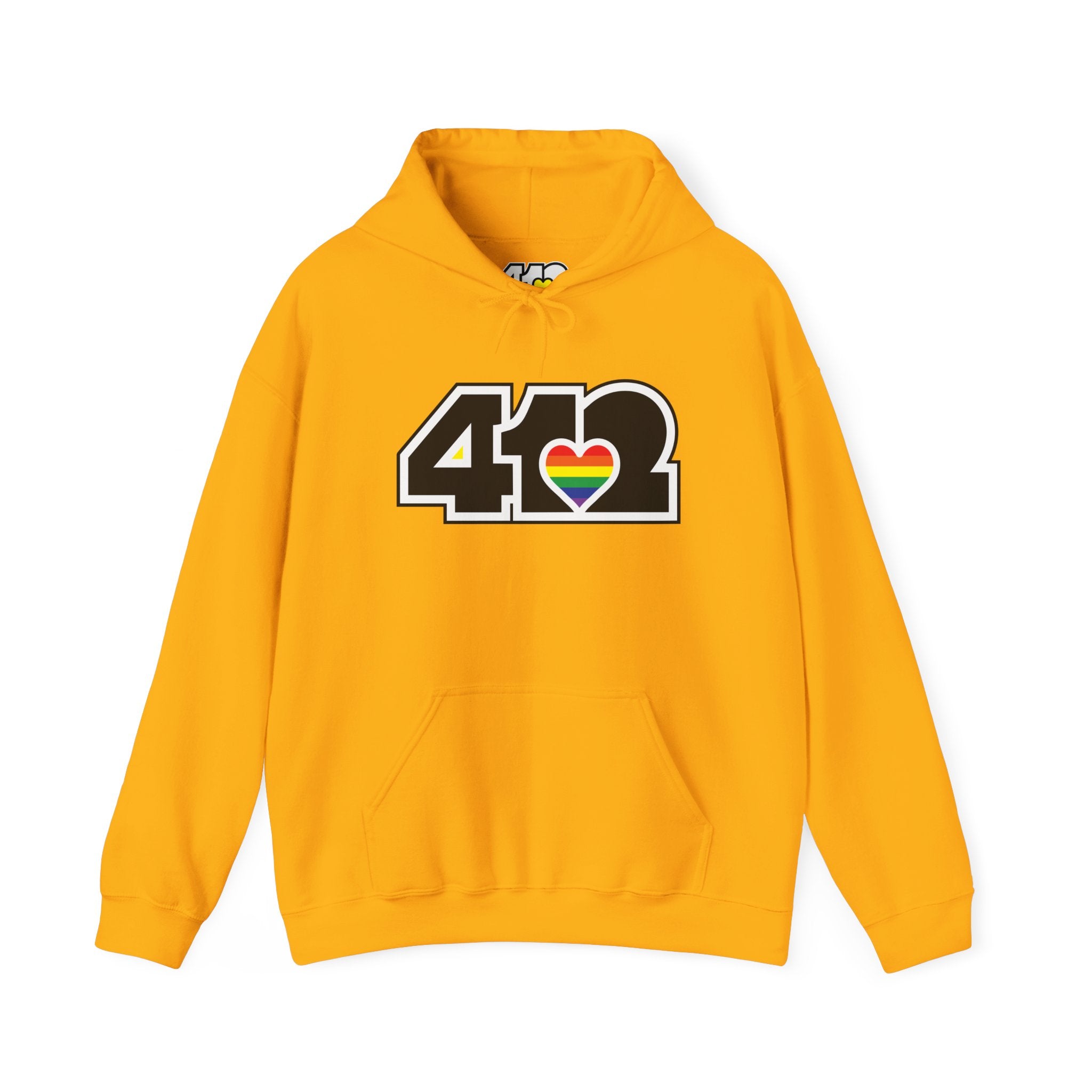 Pittsburgh Hoodie | Black and Rainbow 412 Logo. Apparel Color: Gold. 50/50 cotton-poly blend, cozy fit, kangaroo pocket, adjustable drawstring hood.
