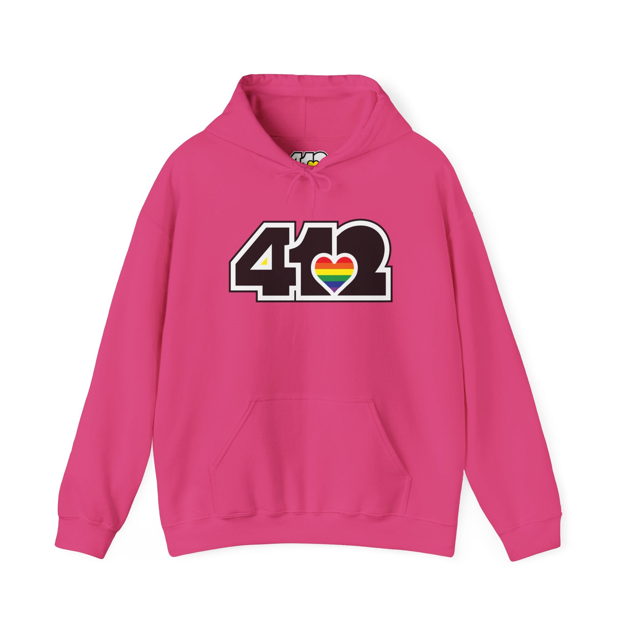 Pittsburgh Hoodie | Black and Rainbow 412 Logo. Apparel Color: Heliconia. 50/50 cotton-poly blend, cozy fit, kangaroo pocket, adjustable drawstring hood.