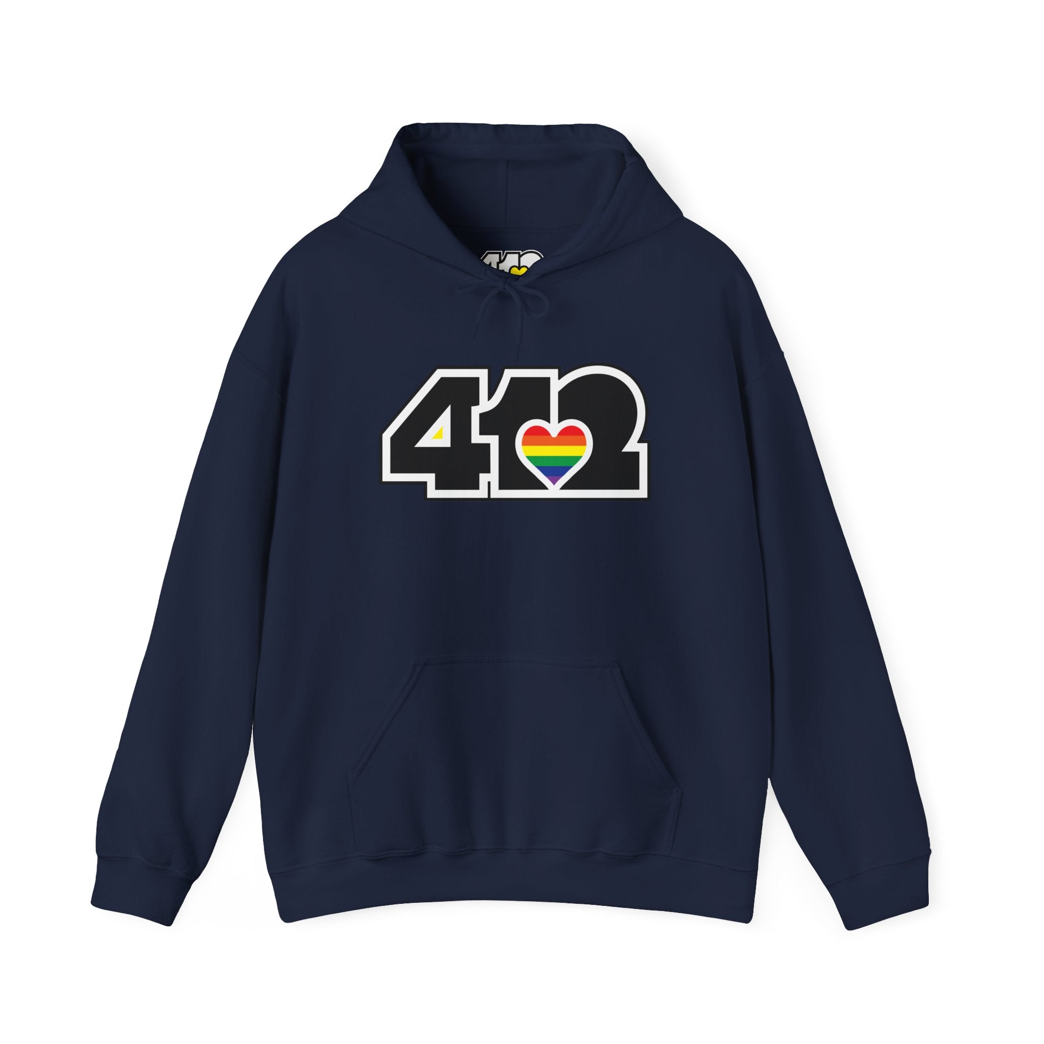 Pittsburgh Hoodie | Black and Rainbow 412 Logo. Apparel Color: Navy. 50/50 cotton-poly blend, cozy fit, kangaroo pocket, adjustable drawstring hood.