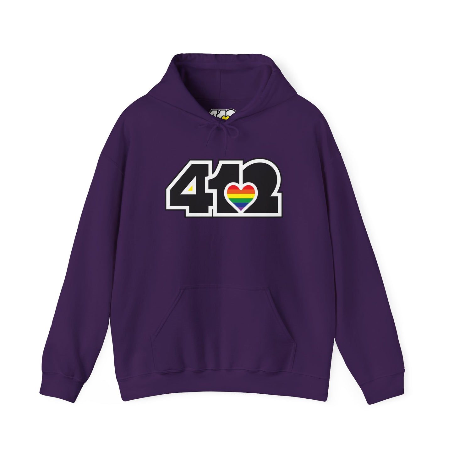 Pittsburgh Hoodie | Black and Rainbow 412 Logo. Apparel Color: Purple. 50/50 cotton-poly blend, cozy fit, kangaroo pocket, adjustable drawstring hood.
