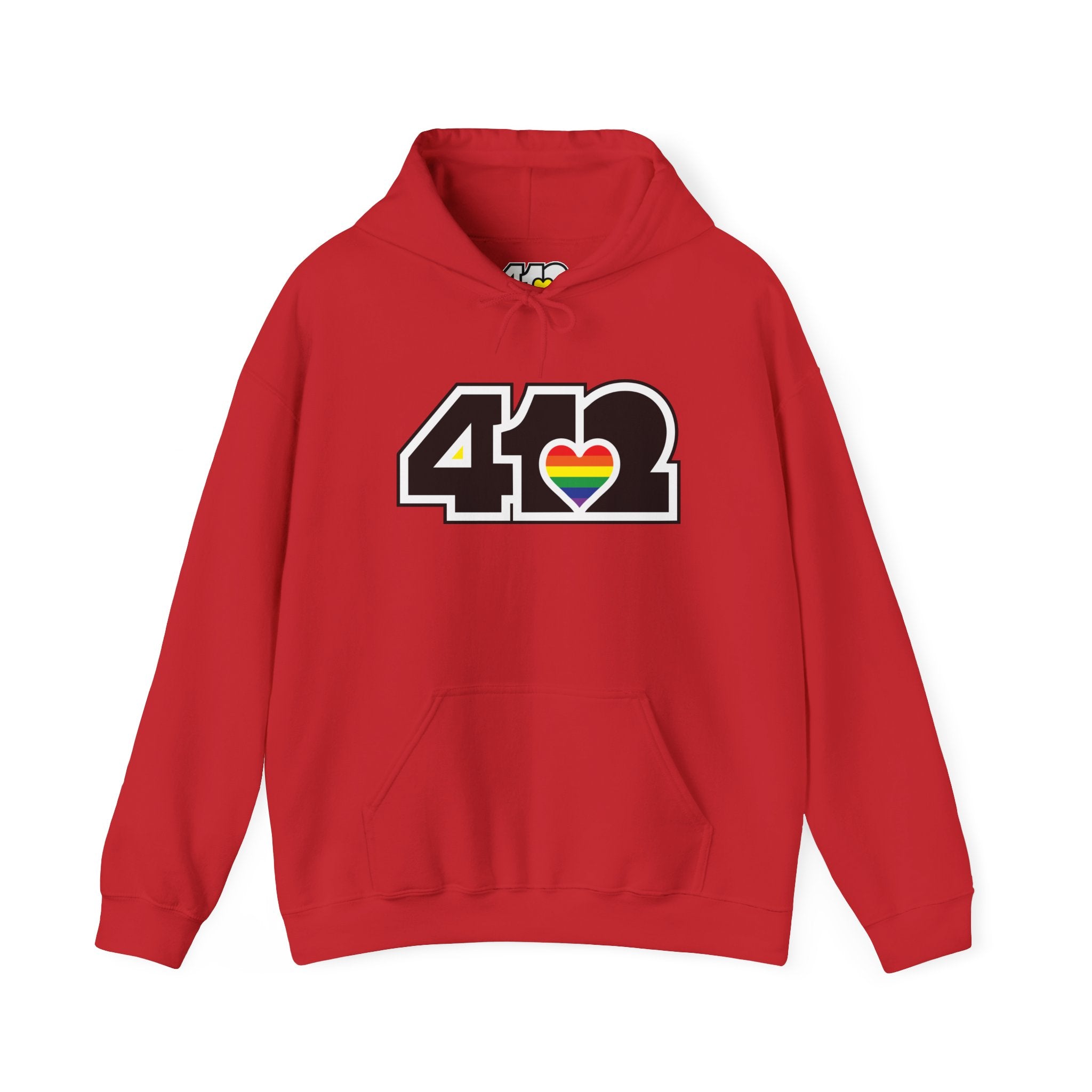 Pittsburgh Hoodie | Black and Rainbow 412 Logo. Apparel Color: Red. 50/50 cotton-poly blend, cozy fit, kangaroo pocket, adjustable drawstring hood.