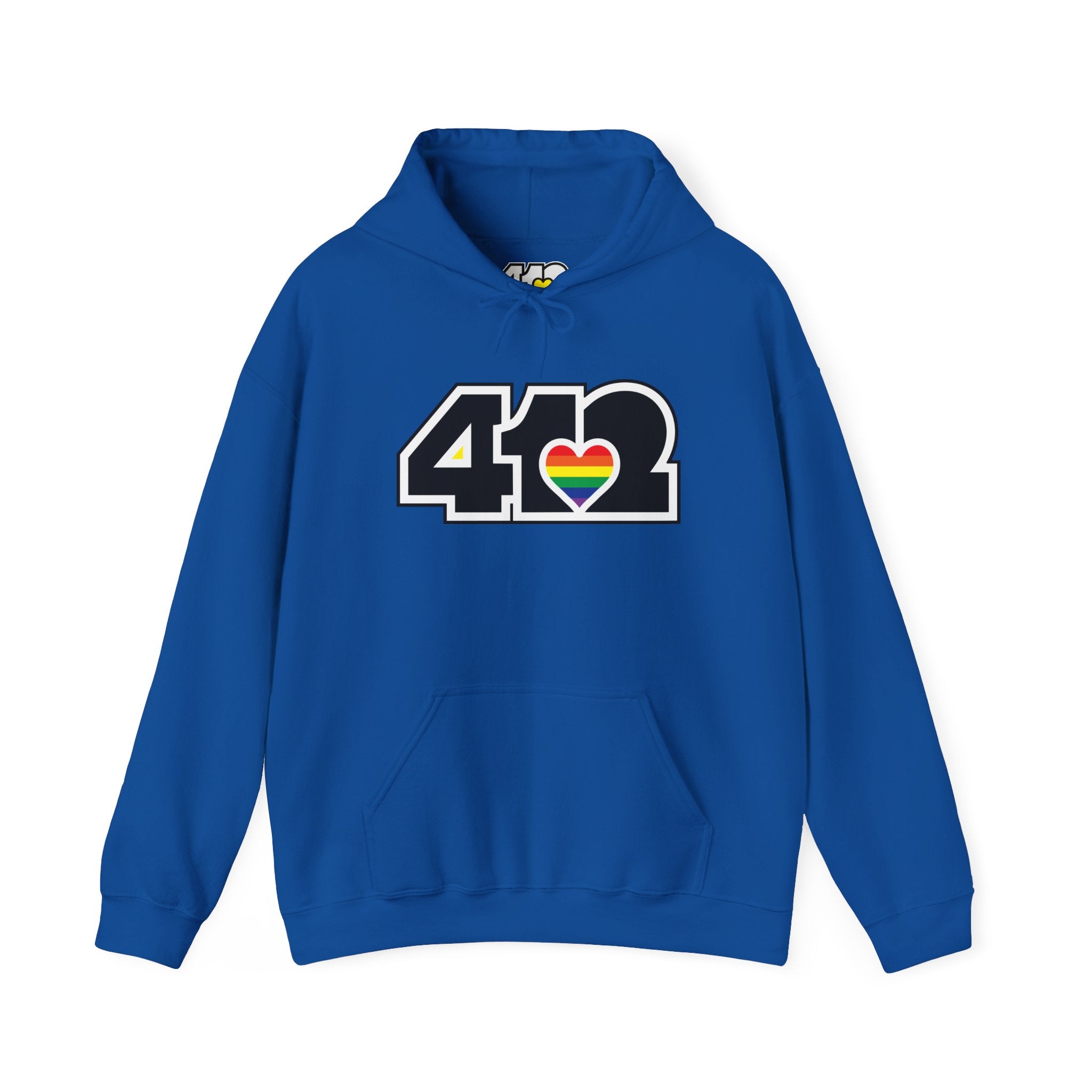 Pittsburgh Hoodie | Black and Rainbow 412 Logo. Apparel Color: Royal. 50/50 cotton-poly blend, cozy fit, kangaroo pocket, adjustable drawstring hood.