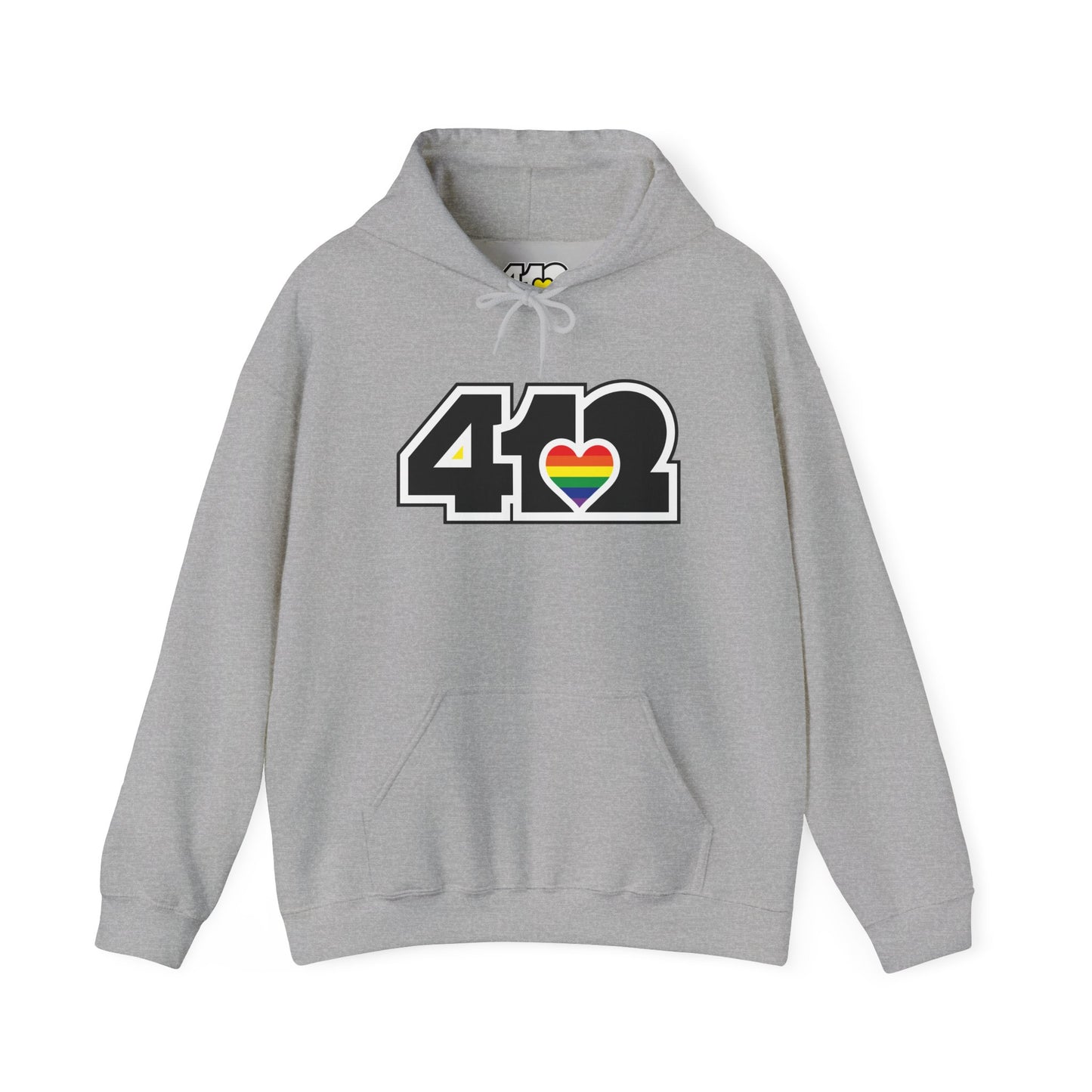 Pittsburgh Hoodie | Black and Rainbow 412 Logo. Apparel Color: Sport Grey. 50/50 cotton-poly blend, cozy fit, kangaroo pocket, adjustable drawstring hood.