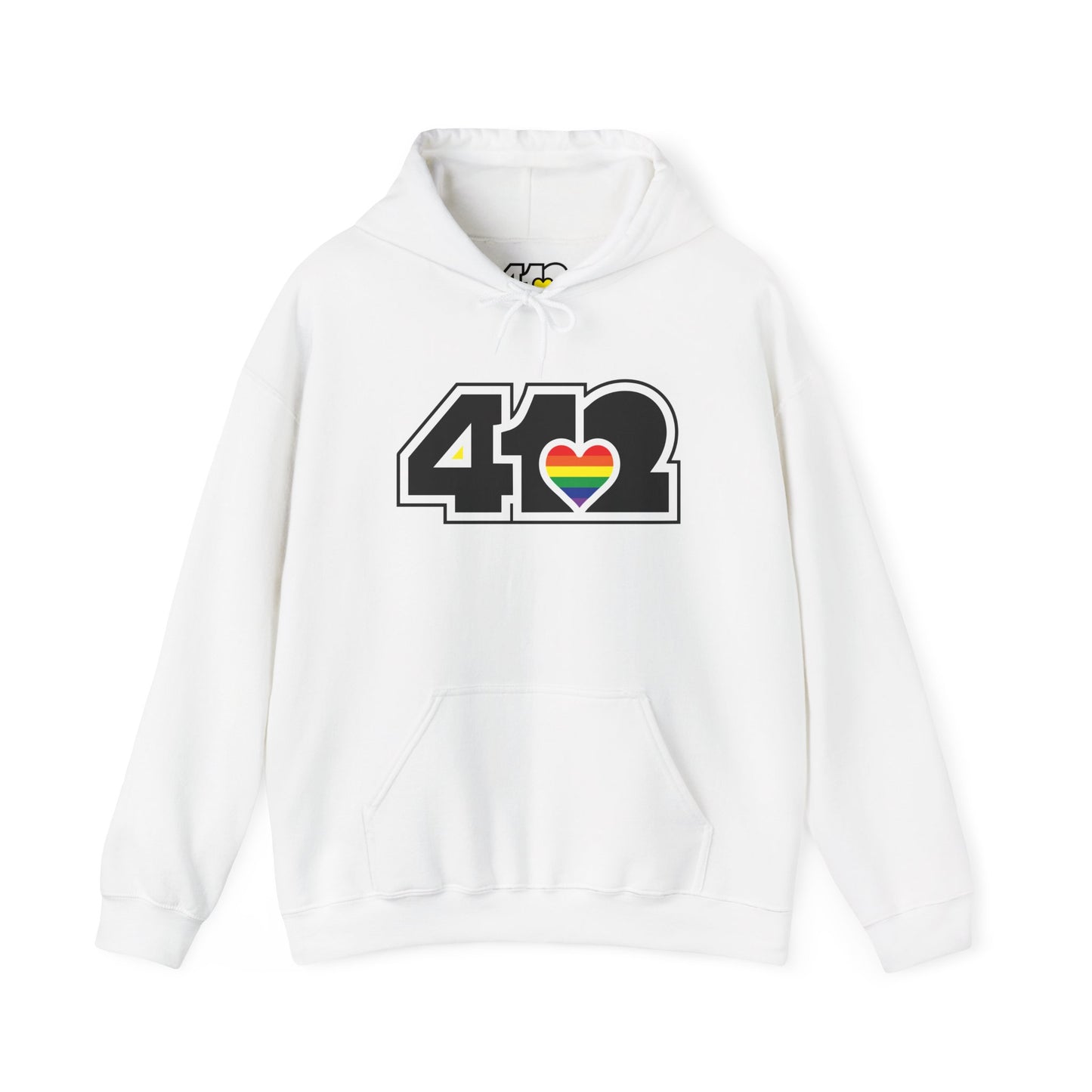 Pittsburgh Hoodie | Black and Rainbow 412 Logo. Apparel Color: White. 50/50 cotton-poly blend, cozy fit, kangaroo pocket, adjustable drawstring hood.