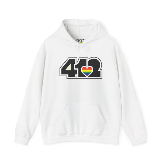 Pittsburgh Hoodie | Black and Rainbow 412 Logo. Apparel Color: White. 50/50 cotton-poly blend, cozy fit, kangaroo pocket, adjustable drawstring hood.