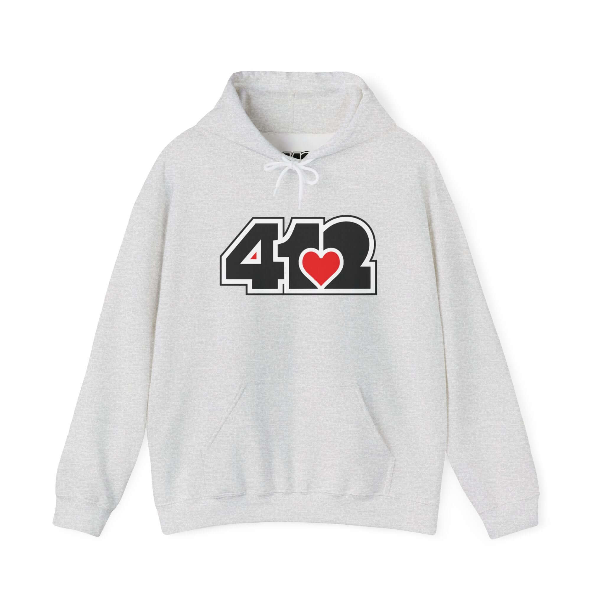 Pittsburgh Hoodie | Black and Red 412 Logo. Apparel Color: Ash. 50/50 cotton-poly blend, cozy fit, kangaroo pocket, adjustable drawstring hood.